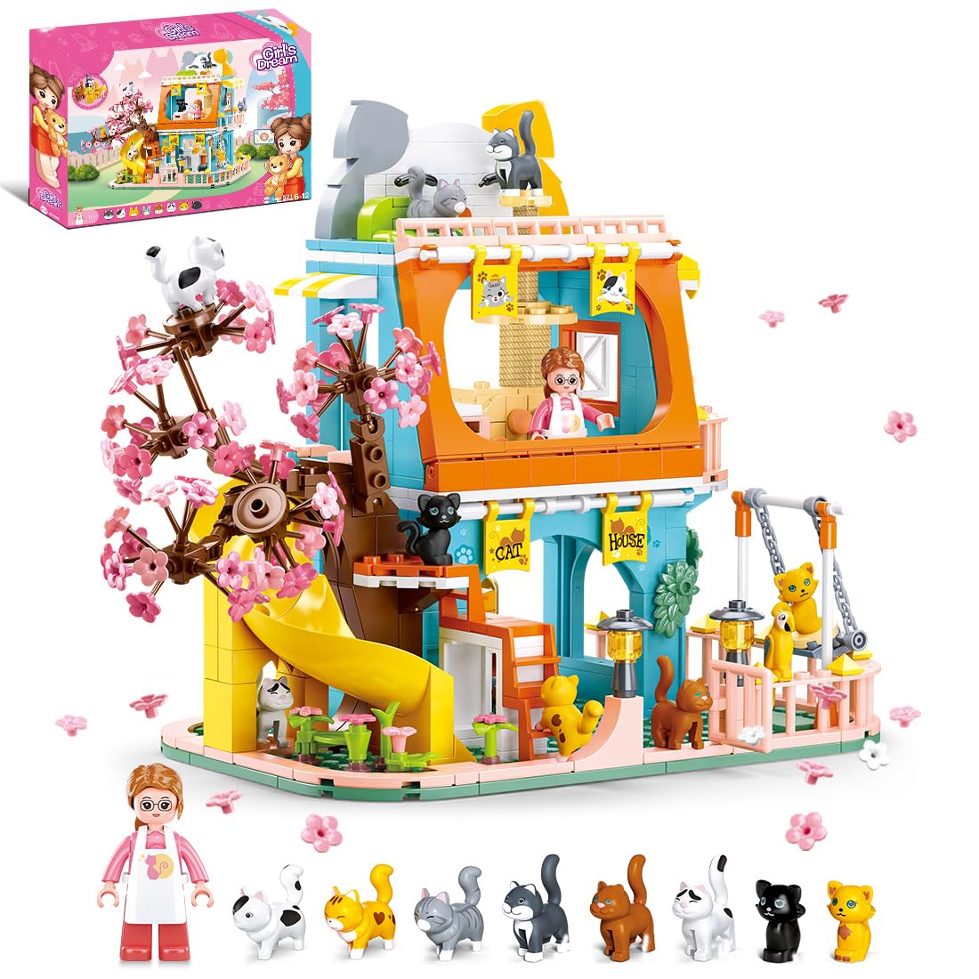 Cat House Building Set, Animal Playground Crossing Toy with 8 Cats and a Doll Minifigures Compatible with Lego Friends Pet Sets - Thanksgiving Christmas Birthday Gift for Girls Boys Aged 6-12