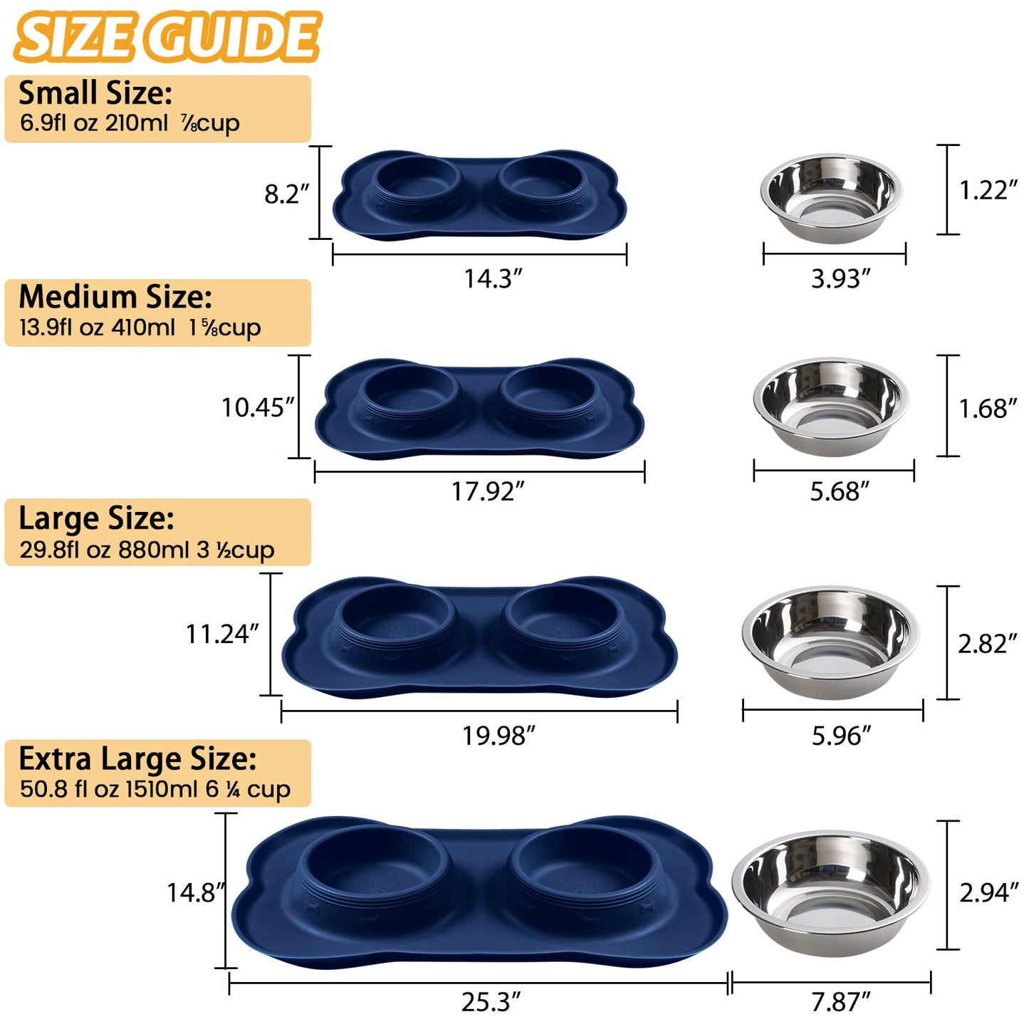 Hubulk Pet Dog Bowls 2 Stainless Steel Dog Bowl with No Spill Non-Skid Silicone Mat + Pet Food Scoop Water and Food Feeder Bowls for Feeding Small Medium Large Dogs Cats Puppies (Large, Navy Blue)