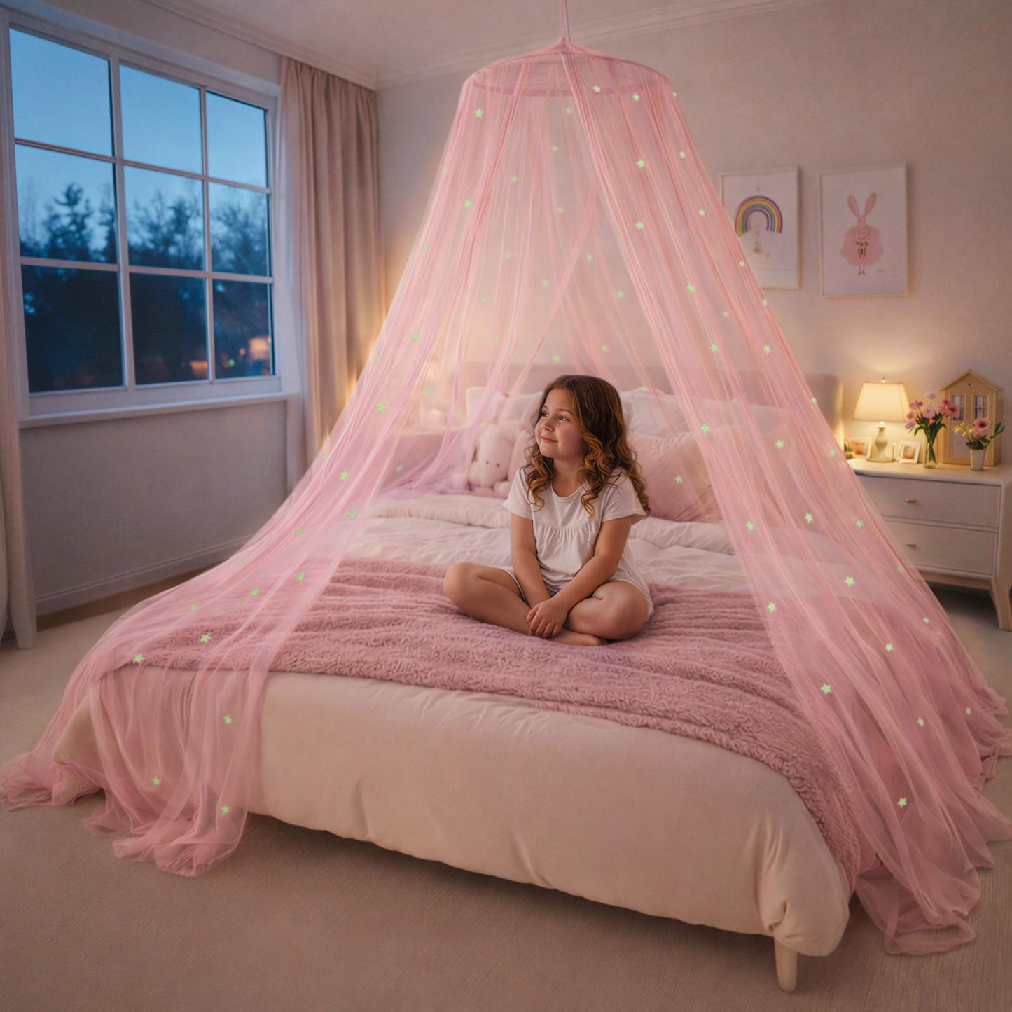 Bed Canopy for Girls with Glowing Stars - Princess Pink Baby Canopy For Bed, Netting Room Decor, Ceiling Tent, Canopy for Crib | Single, Twin, Full, Queen Size Kids Bed Curtains, Fire Retardant Fabric