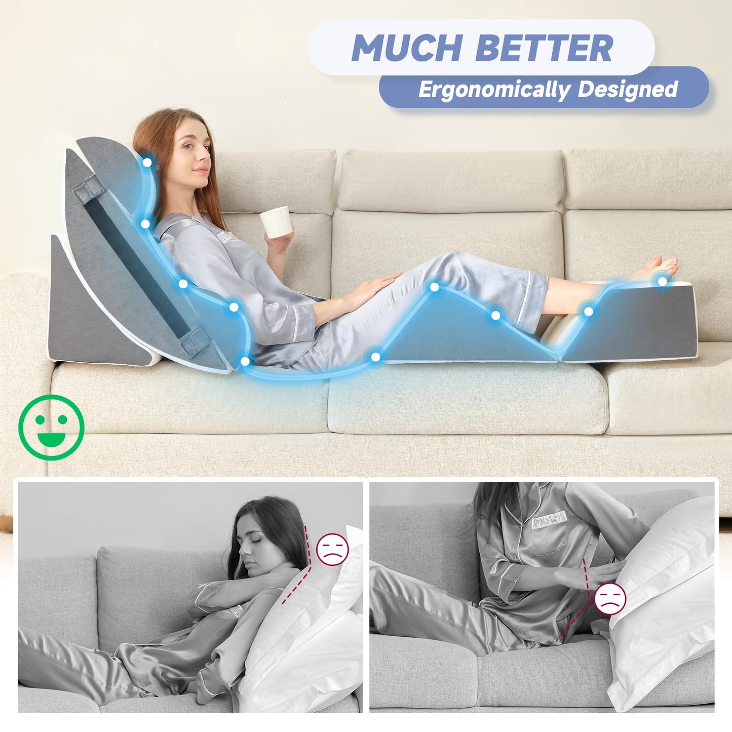 6pcs Orthopedic Bed Wedge Pillow Set for Sleeping, Post Surgery Foam for Body, Back and Leg Pain Relief Comfortable & Adjustable Support Pillows-Anti Snoring, Heartburn, Acid Reflux & GERD Sleeping