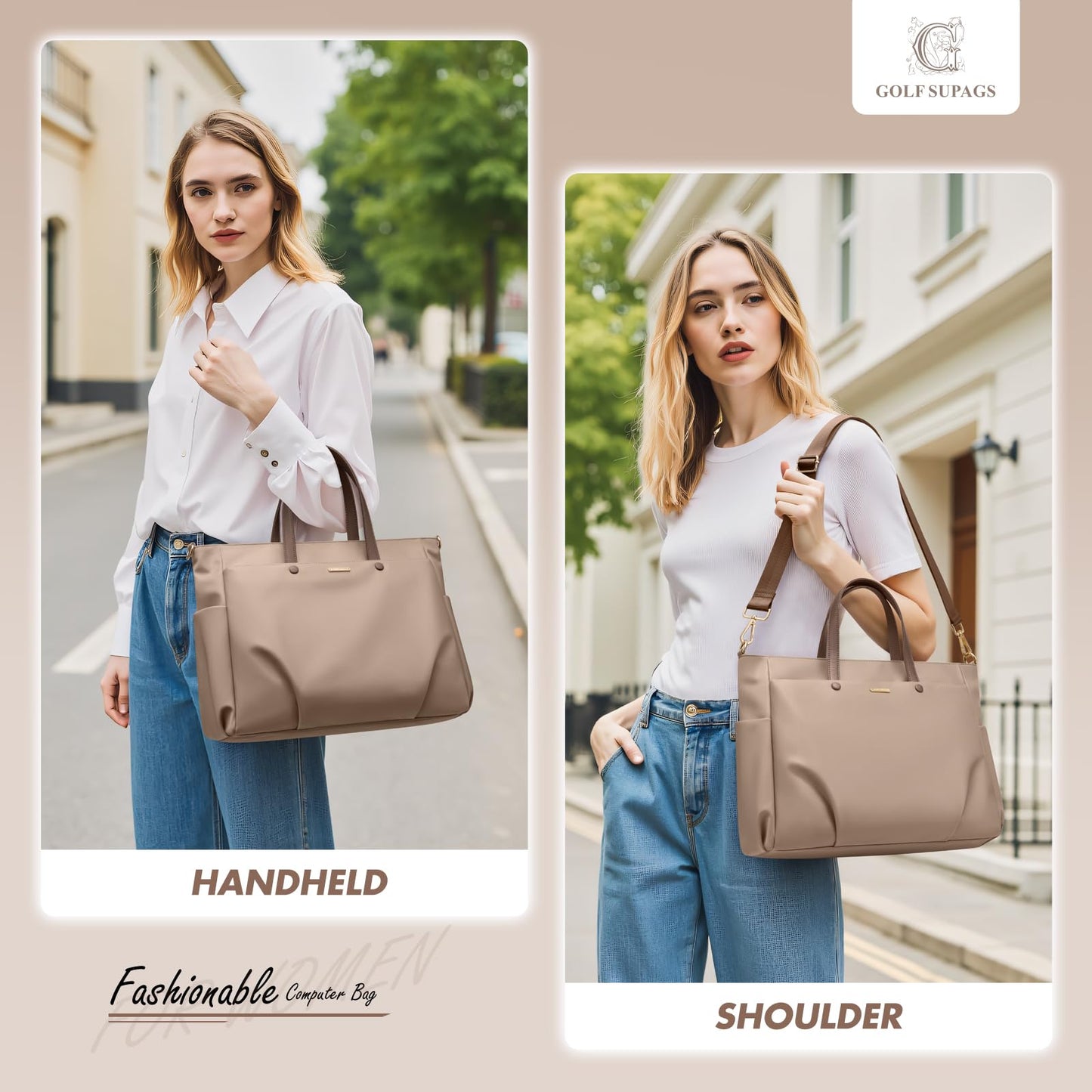 Laptop Tote Bag 15.6 Inch, Computer Shoulder Bag Large Work Tote Bag for Women, Laptop Carrying Case Stylish Handbag for Business Travel (Champagne)