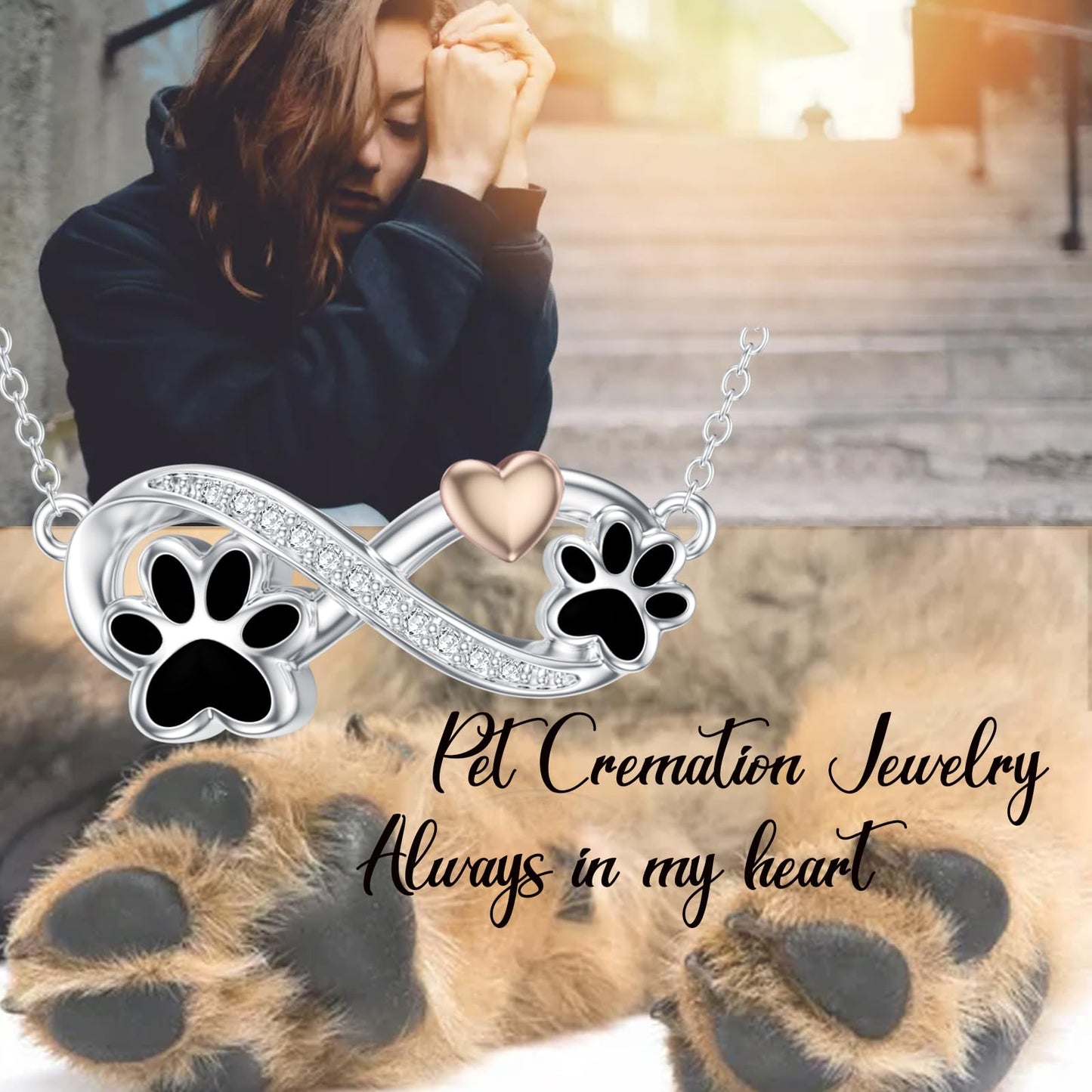 Flpruy Pet Cremation Jewelry Sterling Silver Cat Dog Urn Necklace for Ashes Infinity Paw Print Cremation Keepsake Memorial Jewelry for Women