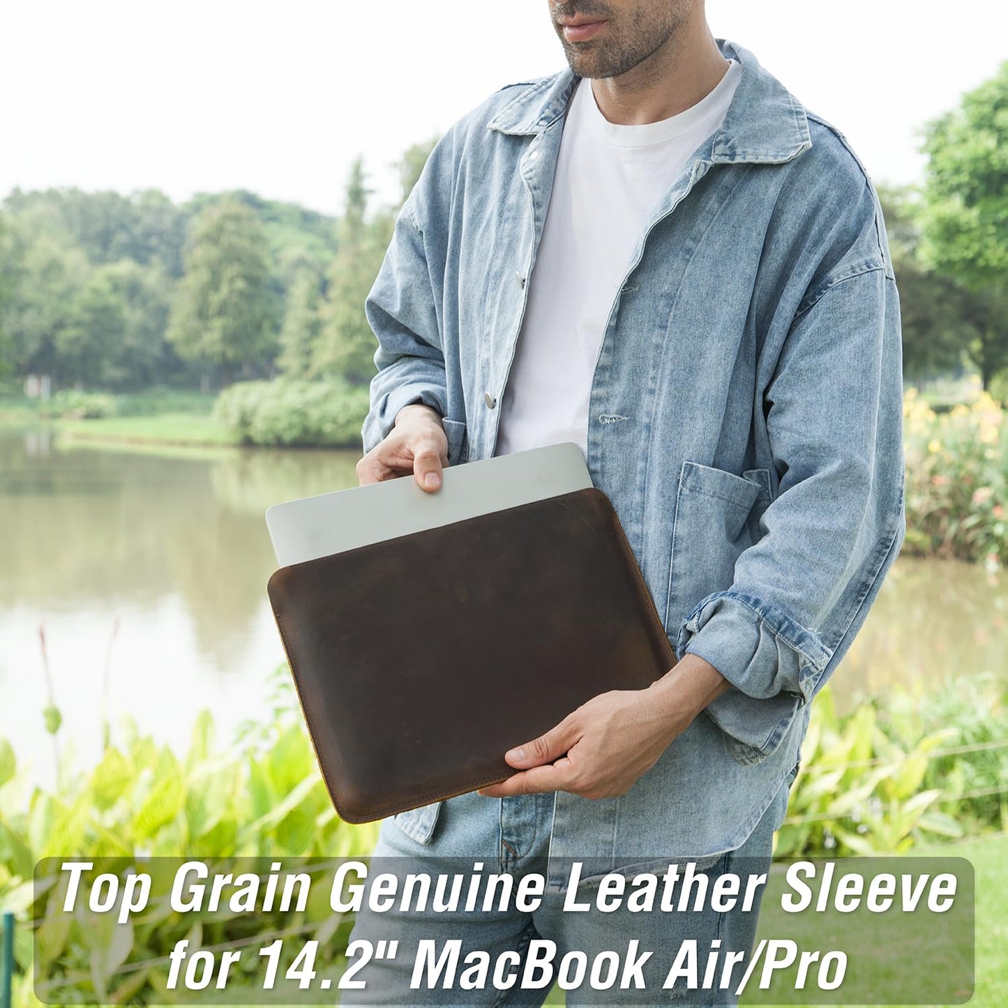 CataPurus Top Grain Leather 14.2" Laptop Sleeve Case, Fit Design, Compatible with MacBook Air 13" M2 A2681 M1 A2337 A2179 A1932/Pro 13" M2 A2338 A2251 A2289 A2159 A1989 A1706 A1708, Coffee 14.2 Inch