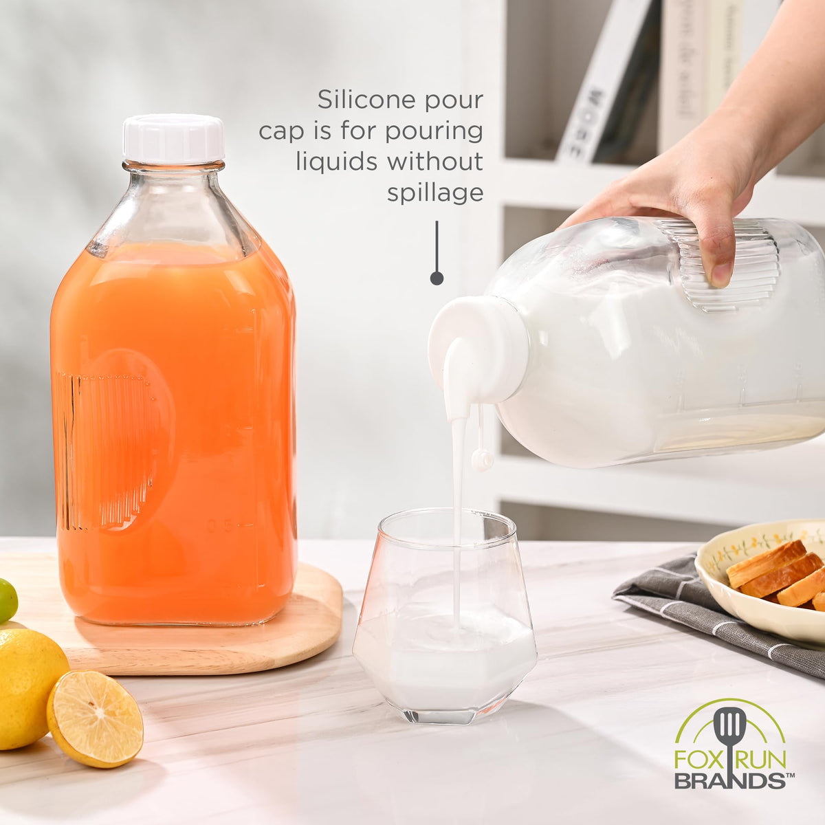 Fox Run Large Glass Milk Bottles, Set of 2 64oz/2 Quart Capacity Glass Bottles with Airtight and Pouring Lids