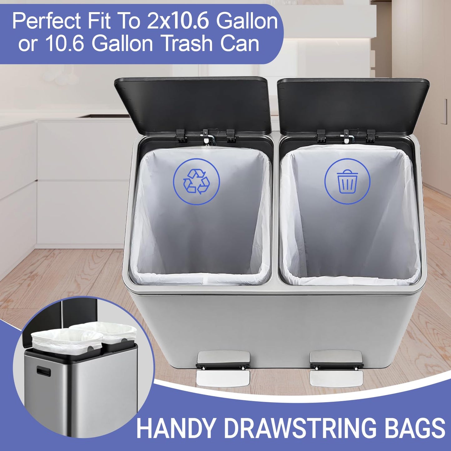 10.6 Gallon Drawstring Trash bags for Dual Compartment Can (2 x 10.6 Gallon) 100 Count 1.2 Mil Thickness Garbage Liner Pre-Separated Heavy Duty 35–40 Liter Compatible with Code M