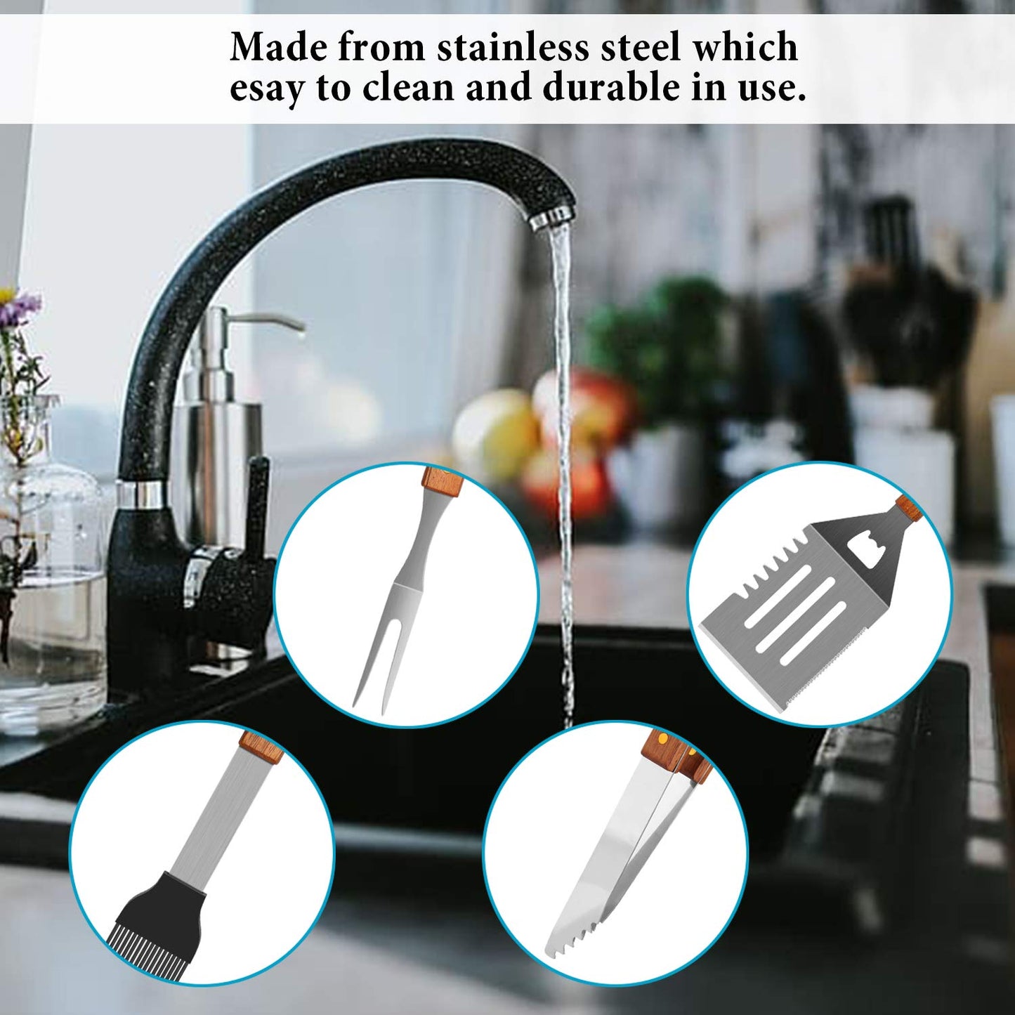 IMAGE 4 PCS Stainless Steel BBQ Grill Tool Set, Multifunctional Spatula, Barbecue Tong,Basting Brush,Meat Fork Durable in Use Grilling Kit for Cooking, Backyard Barbecue & Outdoor Camping