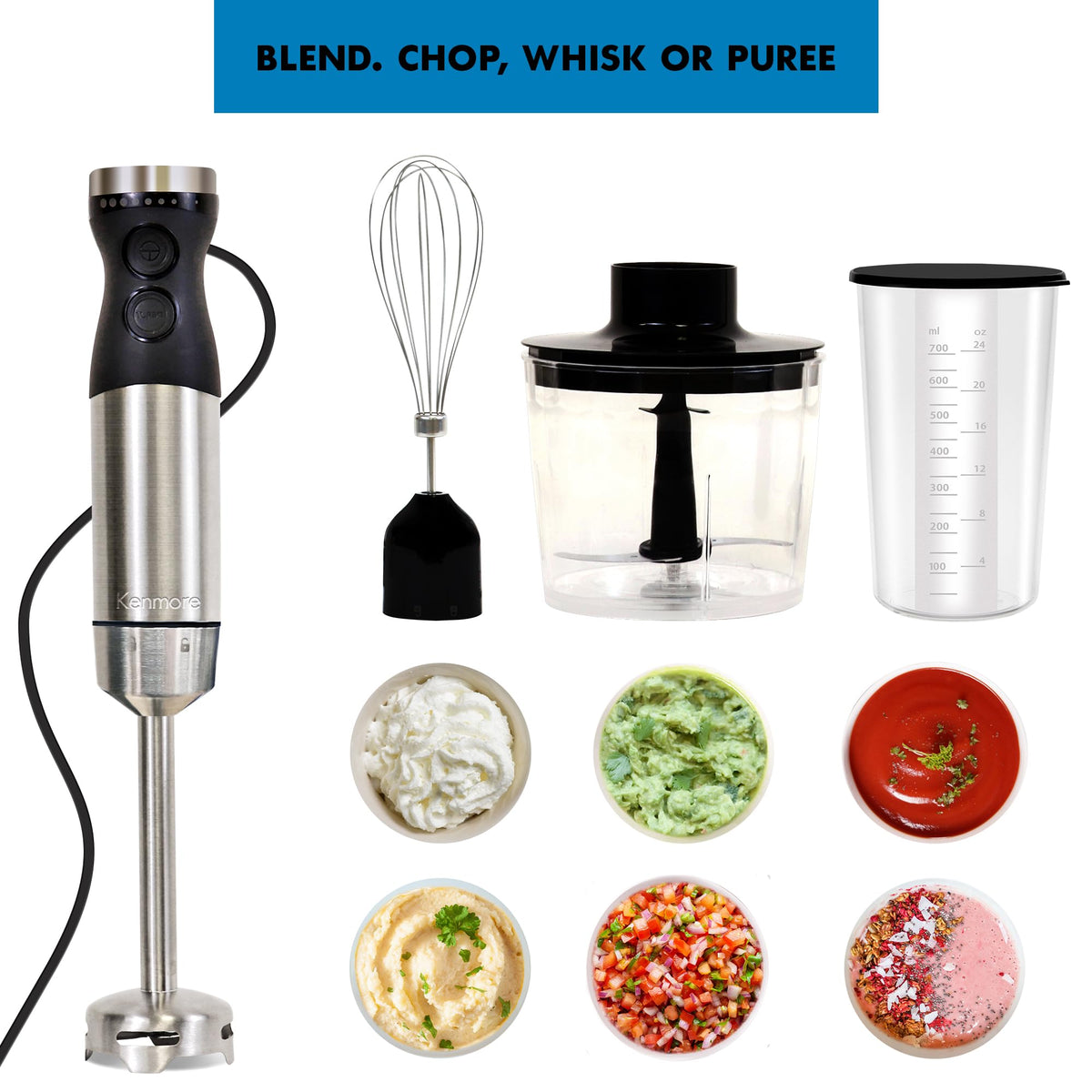 Kenmore Immersion Hand Blender Mixer Variable Speed Handheld Blending Stick Smoothie Food Chopper Whisk 700mL Beaker Lid Baby Food Red Sauces Puree Soup Quad Blade Kitchen Black Silver
