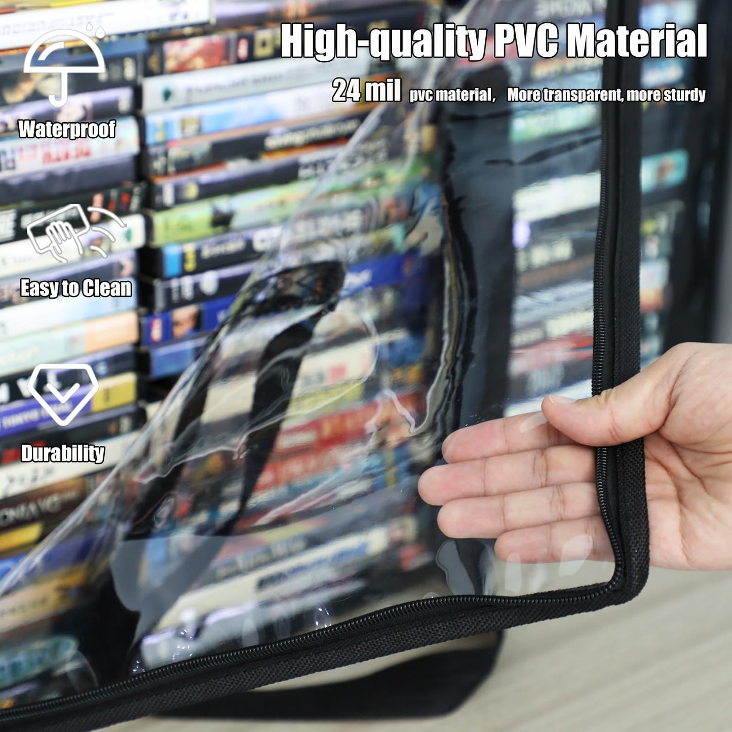 PUTNATRUE DVD Storage Bags, 4 Pack High Clear Bags Hold 280 DVDs Cases (70 Each), Thickened Plastic Organizer with Reinforced Handles for Media, Quilt, Pillow & Clothes Storage