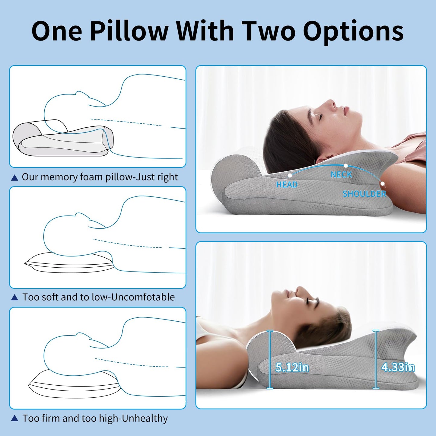 ZJZ Cervical Pillow, Ergonomic Pillow, Cervical Neck Pillow, Neck Pillow, Pillow for Neck Pain, Orthopedic Bed Pillow for Side Back Stomach Sleepers