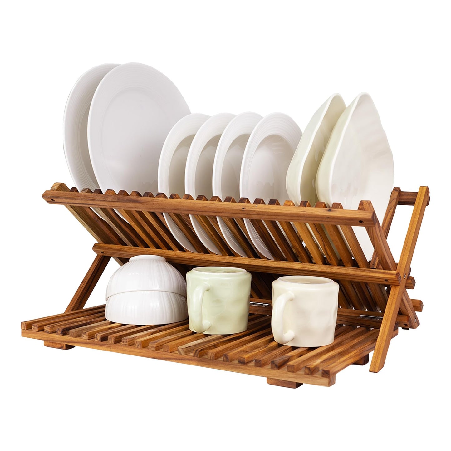 Utoplike Large Teak Dish Drying Rack, Wooden 3 Tier Collapsible Dish Drainer for Countertop, Kitchen Organizer for Pasta Plates, Cups
