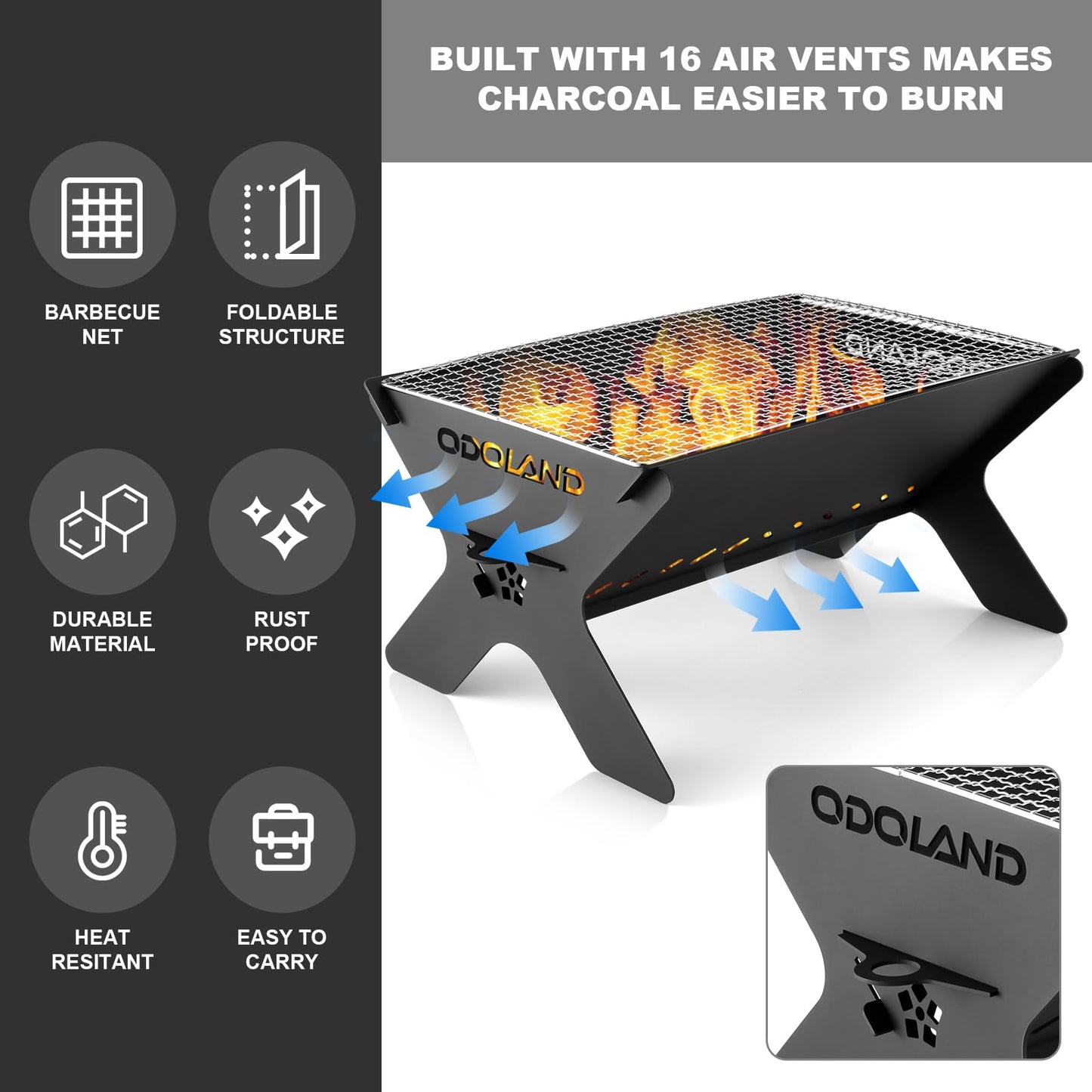 Odoland Portable Fire Pit for Outdoor Garden, 2 in 1 Wood Burning Fire Pit Grill with Detachable Cooking Grate for Outside, with Carry Bag