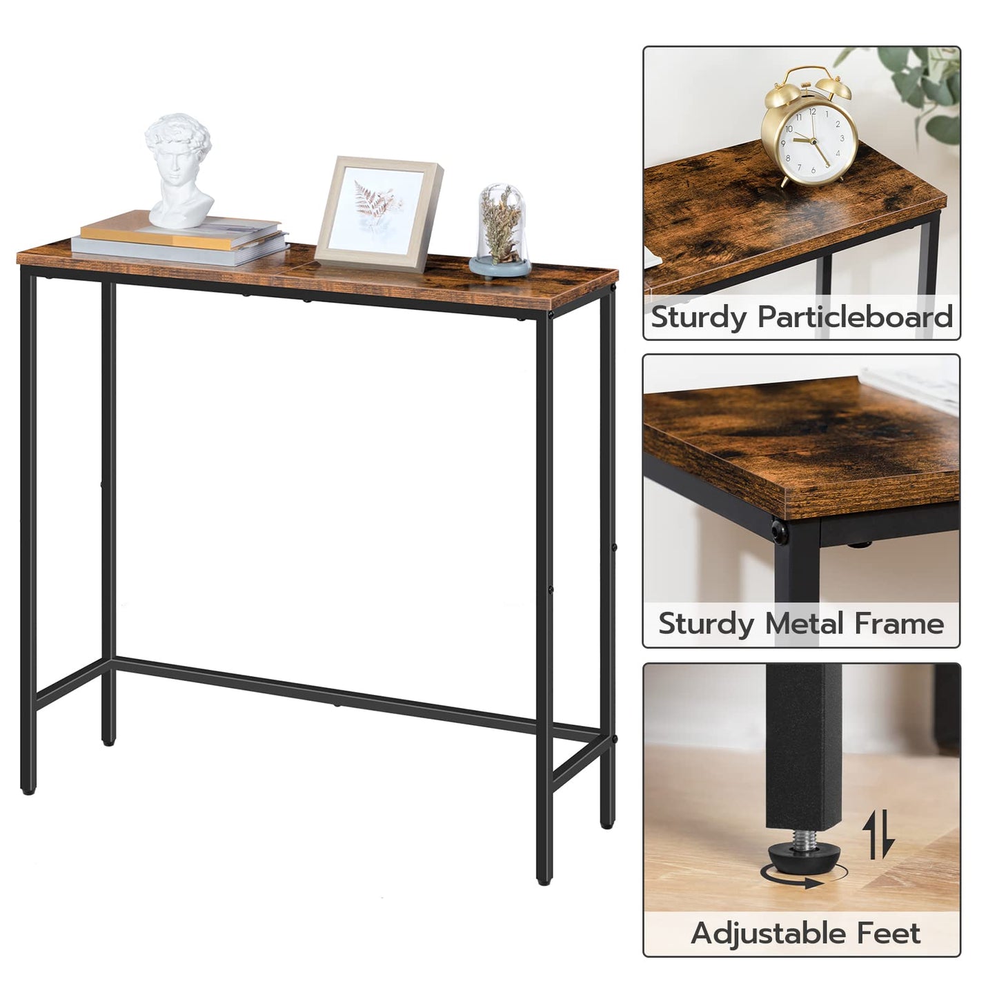 HOOBRO Narrow Console Table, 75 cm Entryway Table, Small Sofa Side Table, Display Table, for Hallway, Bedroom, Living Room, Foyer, Rustic Brown and Black BF75XG01