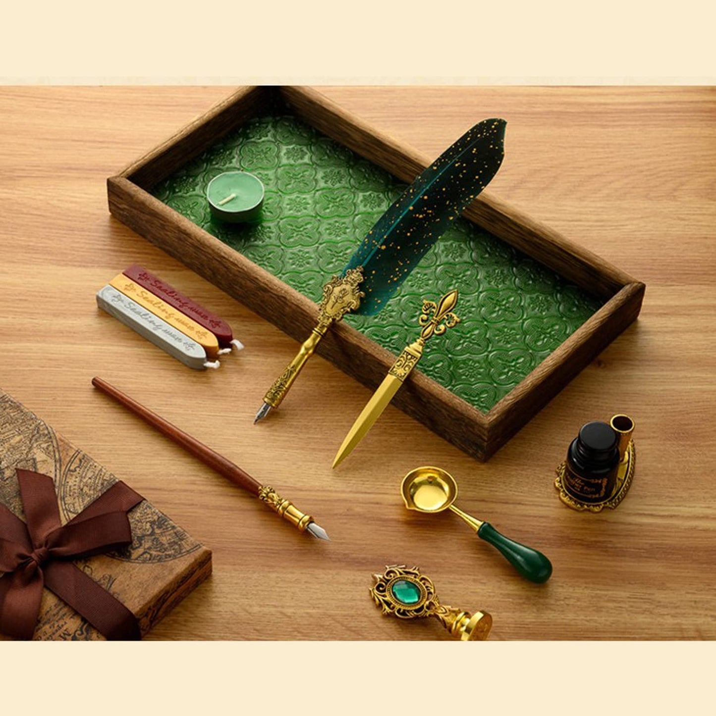 VolkRose Quill Pen and Ink Set, Calligraphy Feather Pen Set with Dip Pen, 5 Replaceable Nibs, Ink, Wax Seal Stamp, Wax Seal Stick, Tea Waxes, Envelope Opening Tool, Art Gift for Writing Drawing