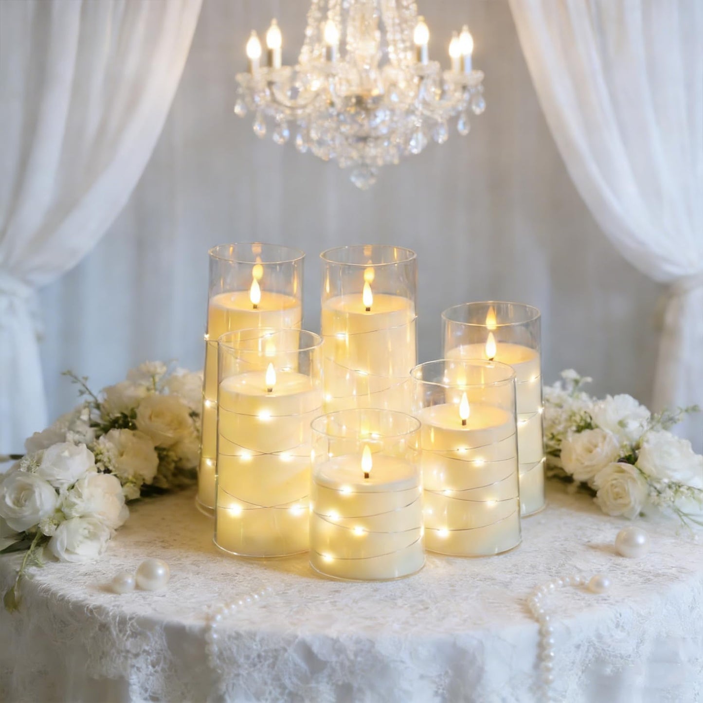 Lezonic 6 Pcs Ivory Flameless Candles with Remote, Acrylic Battery Operated Candles Flickering,LED Ambiance Lighting Timer, Wedding Decorations, 3 x 456688 inches