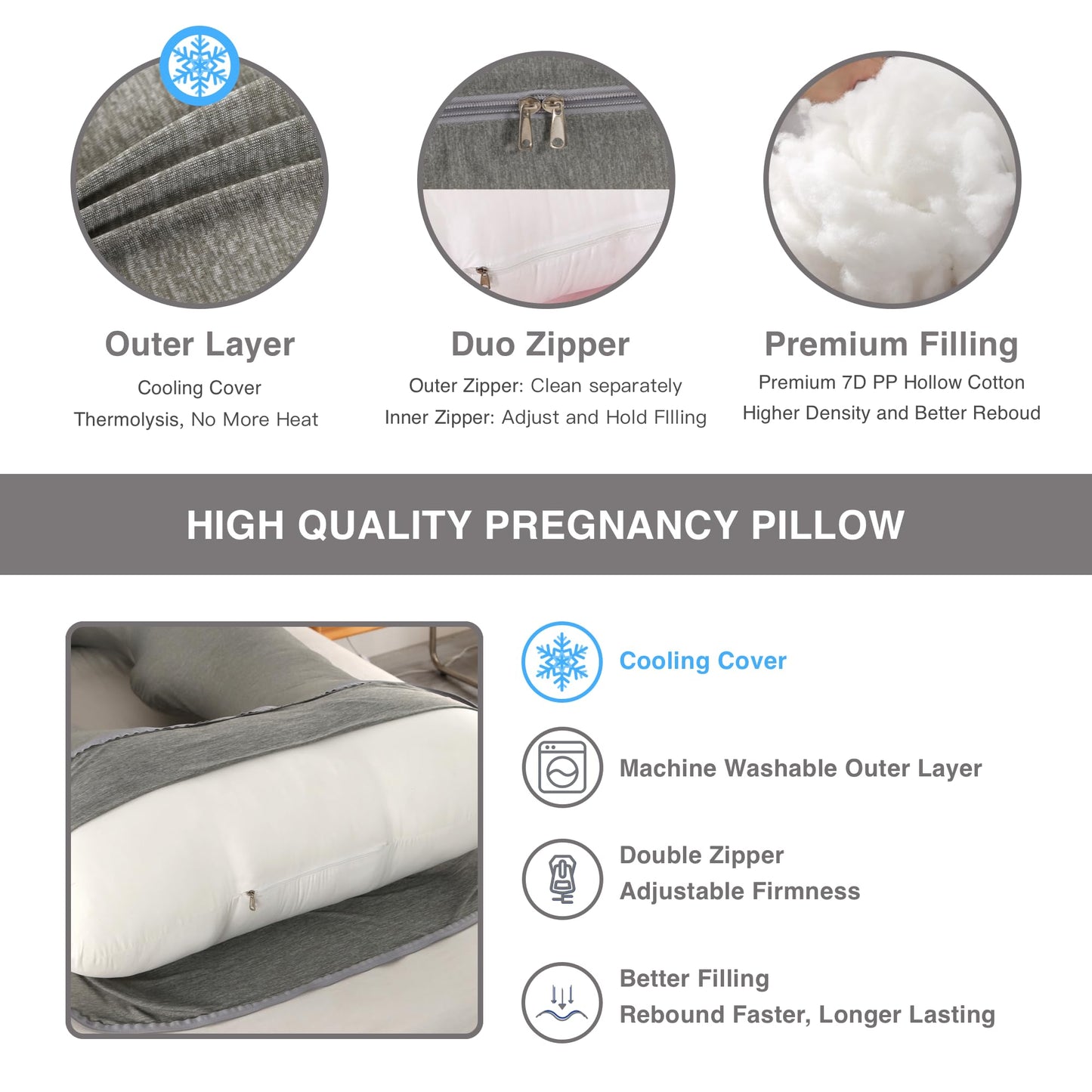 Pregnancy Pillow, Full Body Maternity Pillow 57 inch, with Removable Washable Cover - Sleep Support for Legs, Back, Neck, Shoulder, HIPS, Belly for Pregnent Women (Cooling Cover)
