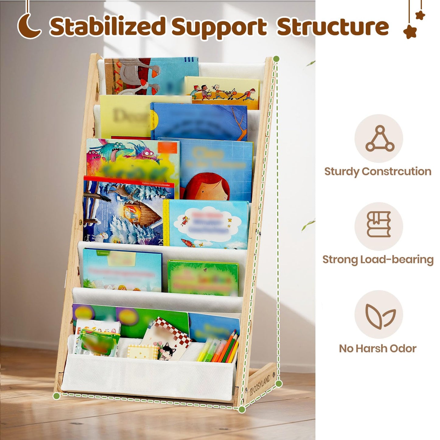COSYLAND Fabric Book Shelf for Kids Rooms - 6 Tiers Nursery Book Shelves for Playroom Classroom - Bookcase Display Shelf for Toddler (Natural, 45 Cm Wide)