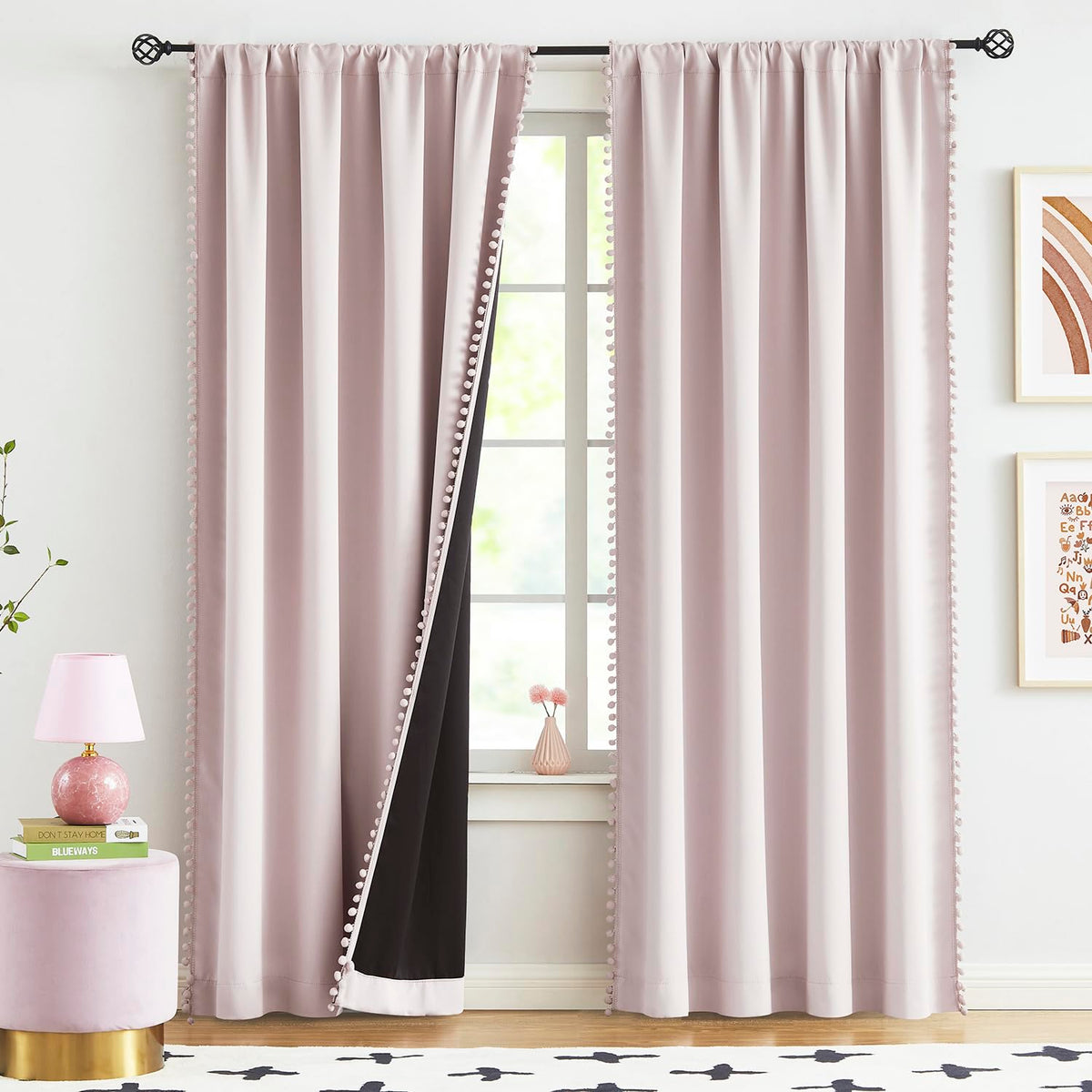 Pink Blackout-Curtains for Bedroom Pom Pom Thermal Insulated 100% Full Blackout Curtain Panels for Girls Baby Nursery Room 84 inch Energy Efficient Window Drapes for Kids 52" w x2 Panels Rod Pocket