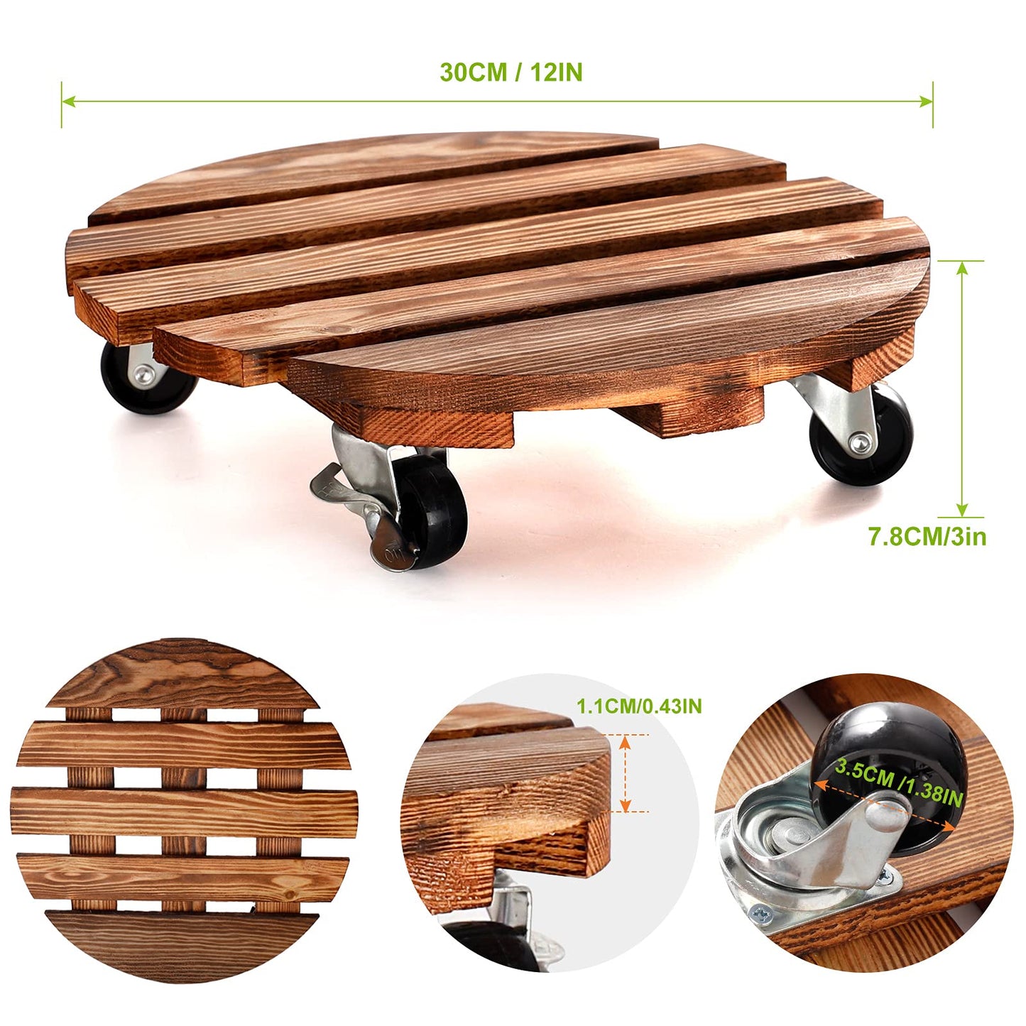2 Pack Plant Caddy Wood 12 Inch Plant Stand with Wheels Round Roller Plants Stand Heavy Duty with 360° Lockable Casters for Outdoor Indoor Plant Pot/Flower Pot/Patio