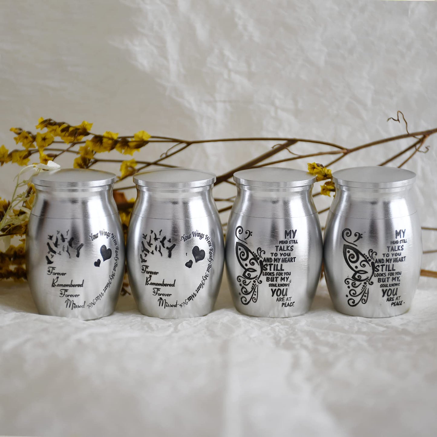 Small Urns for Ashes - Set of 4 1.57 Inch High Aluminium Mini Keepsake Urns for Human/Pet Cremation Ashes - My Mind Still Talks to You