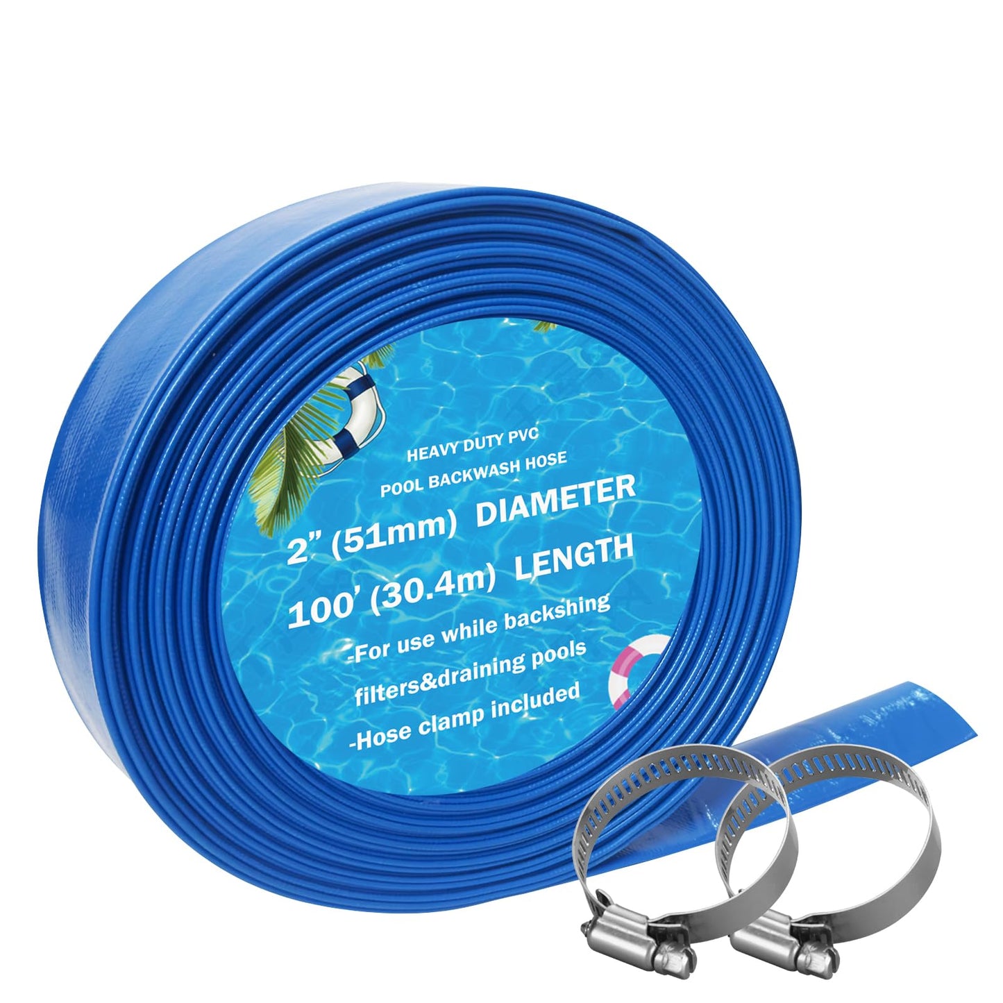 YASHINE 2"*100ft Pool Backwash Hose, Extra Heavy Duty PVC Hose, Weather and Burst Resistant Lay Flat Water Hose,for Swimming Pool Drain, Pool Filter, Sump Pump with 2 Clamps
