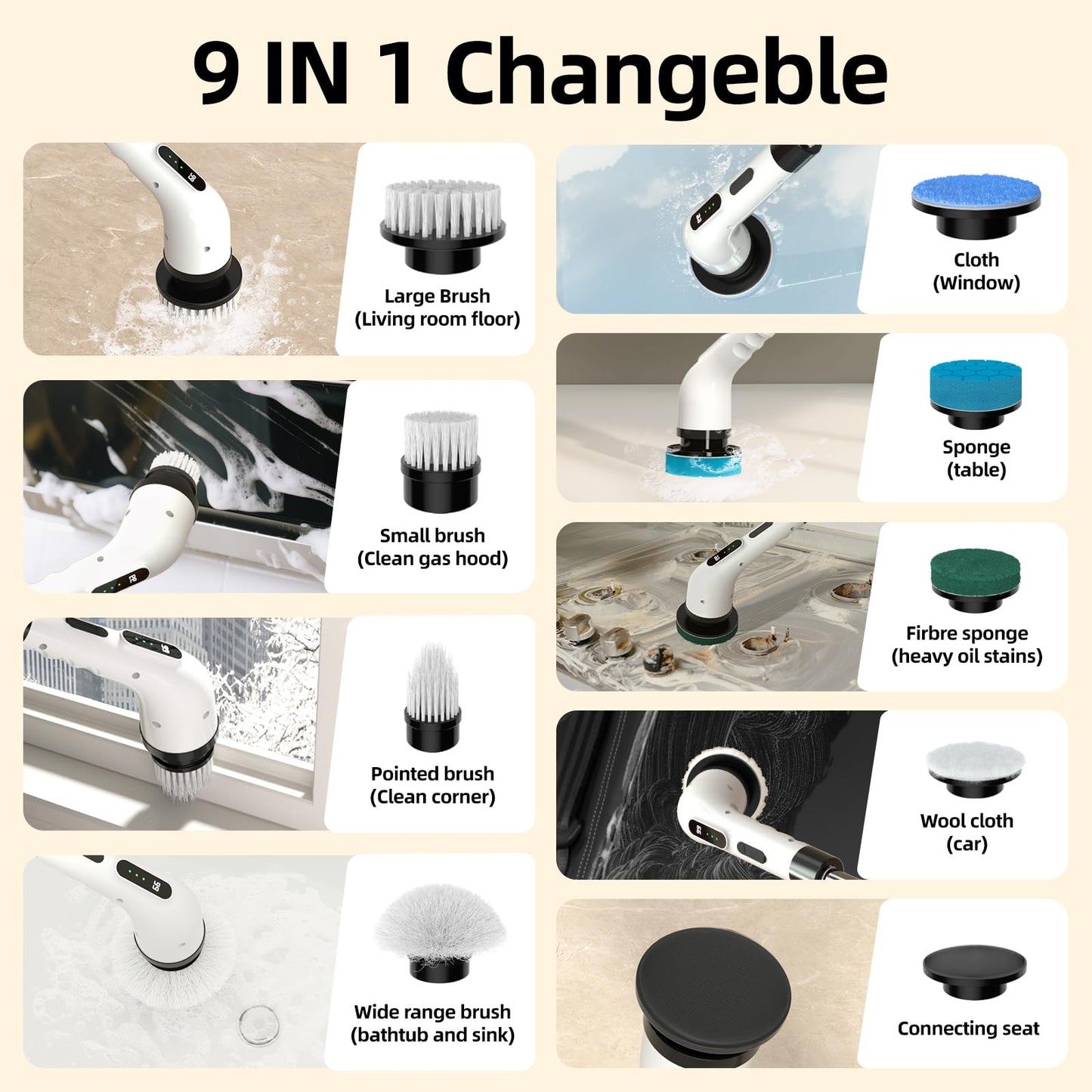 Electric Spin Scrubber for Cleaning, 9 in 1 Changeable Bathroom Scrubber with Power Display, Long Cordless Cleaning Brush, Cordless Shower Cleaner Brush for Bathtub Kitchen Wall Cleaning (Black&white)