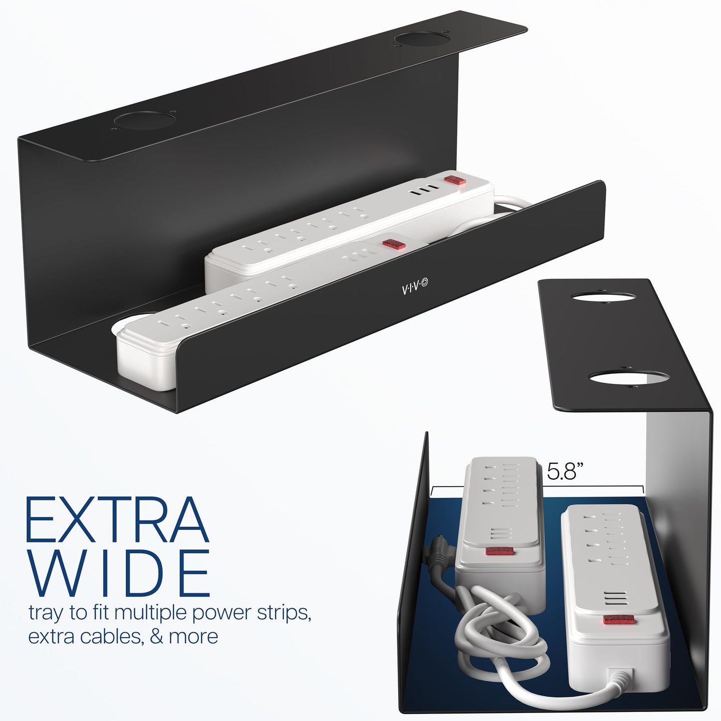 VIVO Under Desk 17 inch Extra Deep Cable Management Trays, Power Strip Holders, Cord Organizers, Wire Tamers for Office and Home, Black, 2 Pack, DESK-AC16-2C