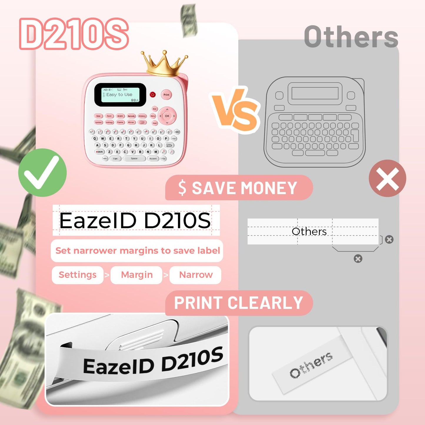 Label Maker Machine with Tape, Portable Pink Label Maker for Kids, EazeID D210S Easy Cute Label Makers Printer, QWERTY Keyboard Labeler with Multiple Fonts Frame for Home Office School Supplies