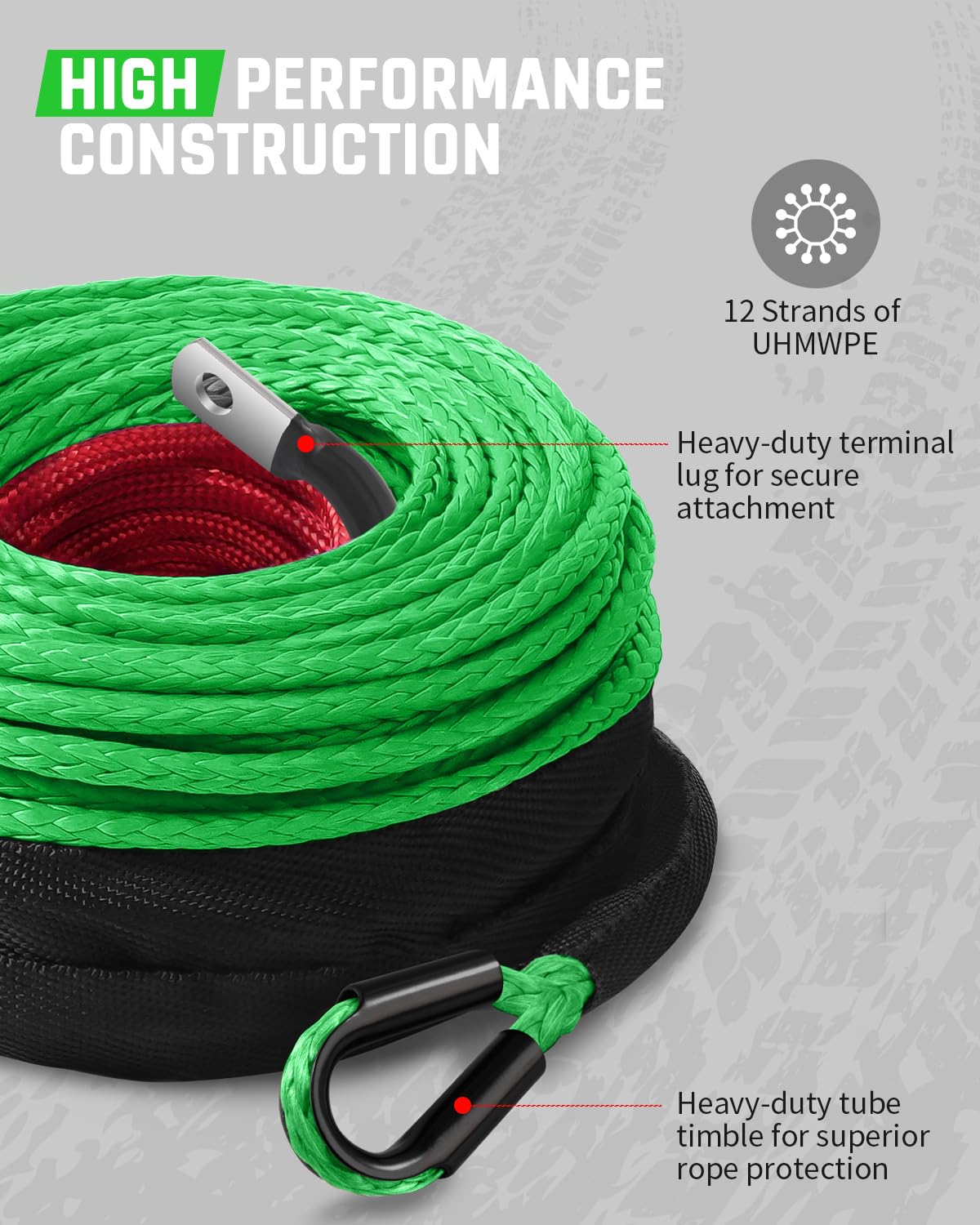 DAYDOOR Synthetic Winch Rope, 1/4 Inch x 50ft 10,000LBS Synthetic Winch Line, Synthetic Winch Cable for Offroad Vehicle 4WD ATV UTV, Synthetic Rope with Forged Winch Hook and Rubber Stopper (Green)