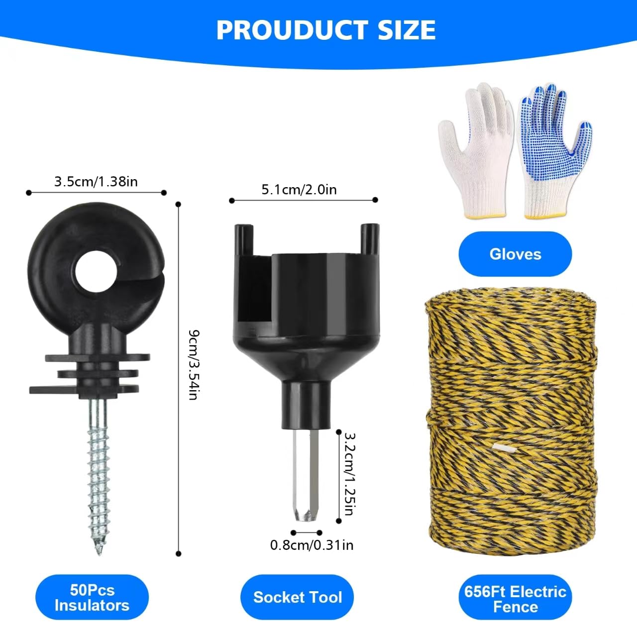 Electric Fence Wire Kit - Upgraded 660 Feet 9 Strands Electric Fence Polywire with Reliable Conductivity & Rust Resistance - 50 Pcs Electric Fence Insulator with 1 Pcs Socket Tool & Glove