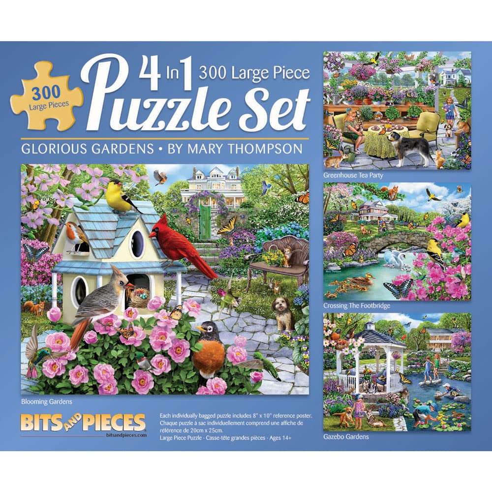 Bits and Pieces – Multipack of Four (4) 300 Piece Jigsaw Puzzles for Adults - Puzzles Measure 40 cm x 61 cm – 300 pc Greenhouse Tea Party, Gardens, Footbridge, Gazebo Jigsaws by Artist Mary Thompson