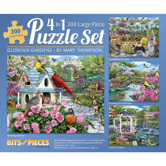 Bits and Pieces – Multipack of Four (4) 300 Piece Jigsaw Puzzles for Adults - Puzzles Measure 40 cm x 61 cm – 300 pc Greenhouse Tea Party, Gardens, Footbridge, Gazebo Jigsaws by Artist Mary Thompson