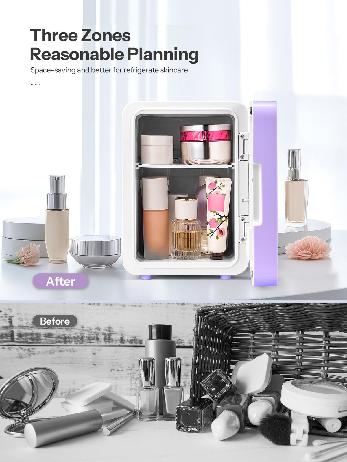 Reemix Skincare Mini Fridge With Dimmable LED Mirror, 4L Mini Makeup Refrigerator for SkinCare, Cosmetics, Food & Drinks, Portable Small Refrigerator for Bedroom, Dorm, Car, Office (Purple)