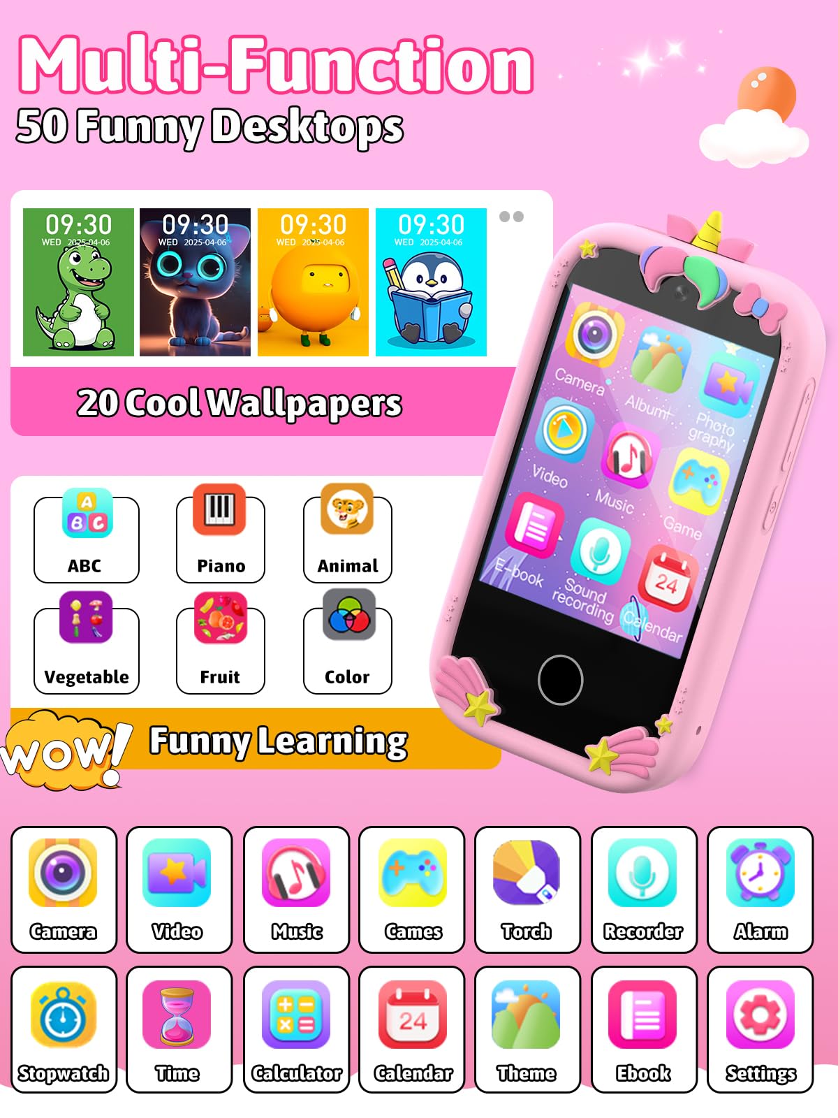 Mgaolo Kids Phone Smartphone Toy, 2.8" Touchscreen Smart Phone, Toddler Educational Learning Gift for Boys Girls Age 3-8, Games, Dual Cameras, Music Video Player, Christmas Birthday Present (Pink)