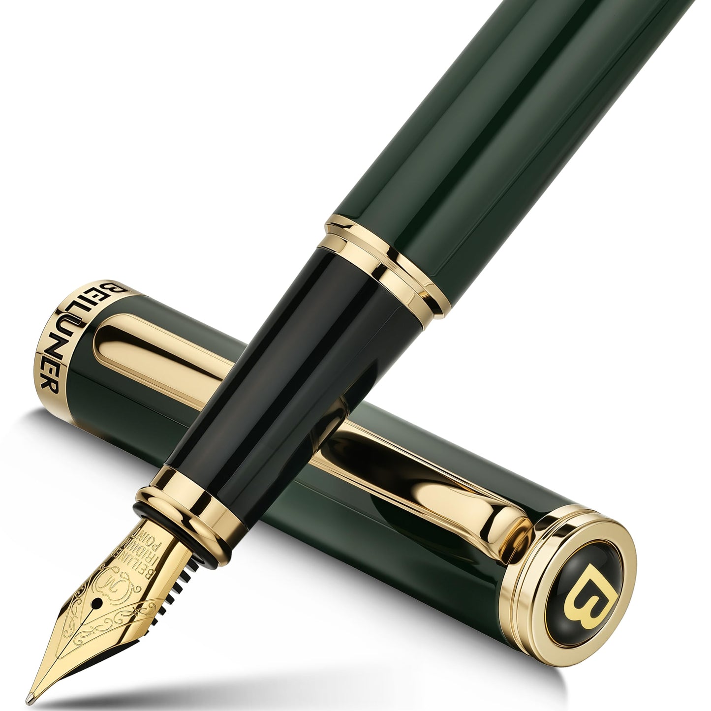 BEILUNER British Racing Green Fountain Pen,Stunning Luxury Pens with 24K Gold Accents, Gorgeous 24K Gilded Nib(Medium), Ink Converter, Pen Gift for Men&Women-Elegant, Reliable,Fancy for Writing
