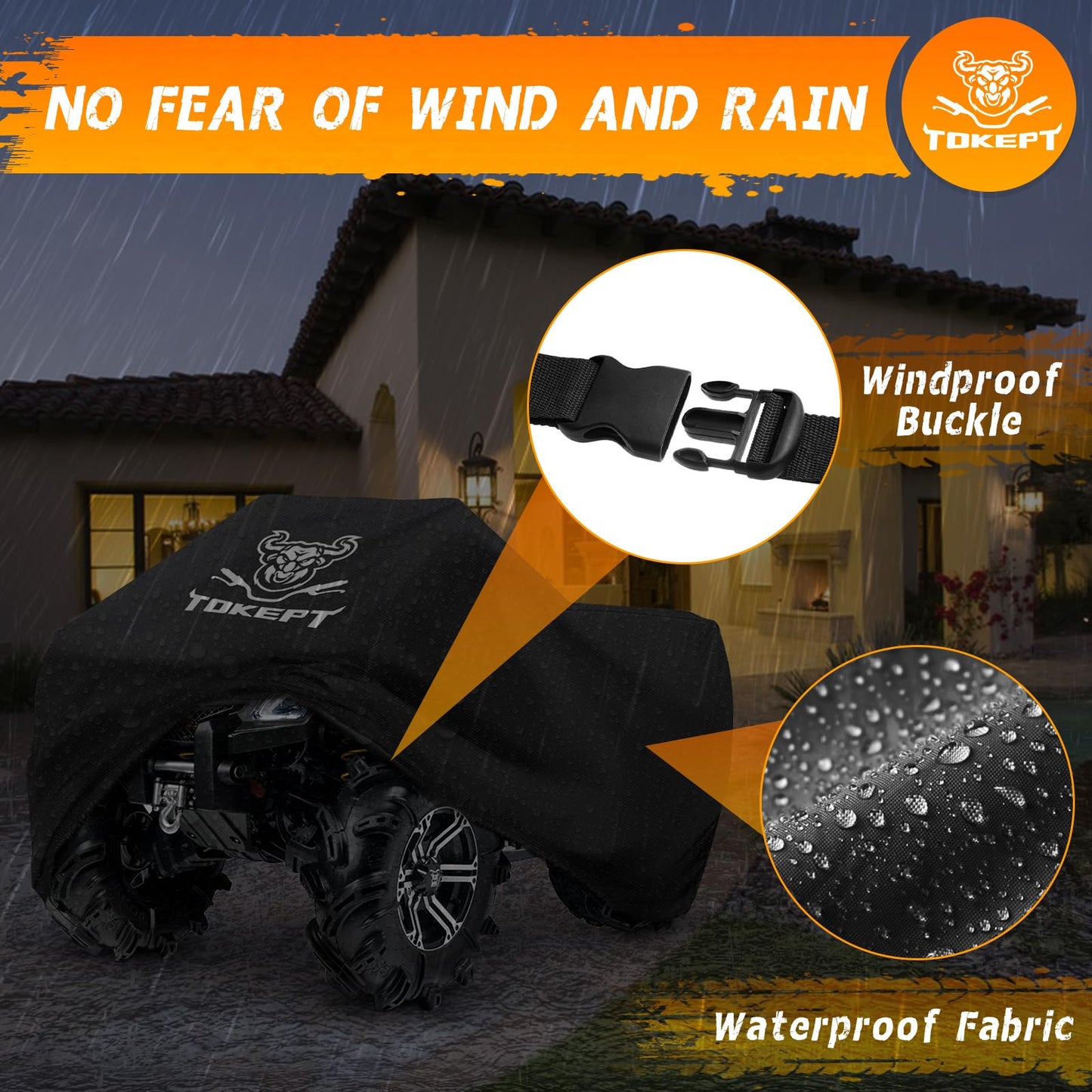 Tokept ATV Cover, Heavy Duty Black Waterproof Oxford Fabric Protective 4 Wheeler Quad Cover for 82" Kawasaki Honda Polaris Yamaha (82''L x 47''W x 45''H)