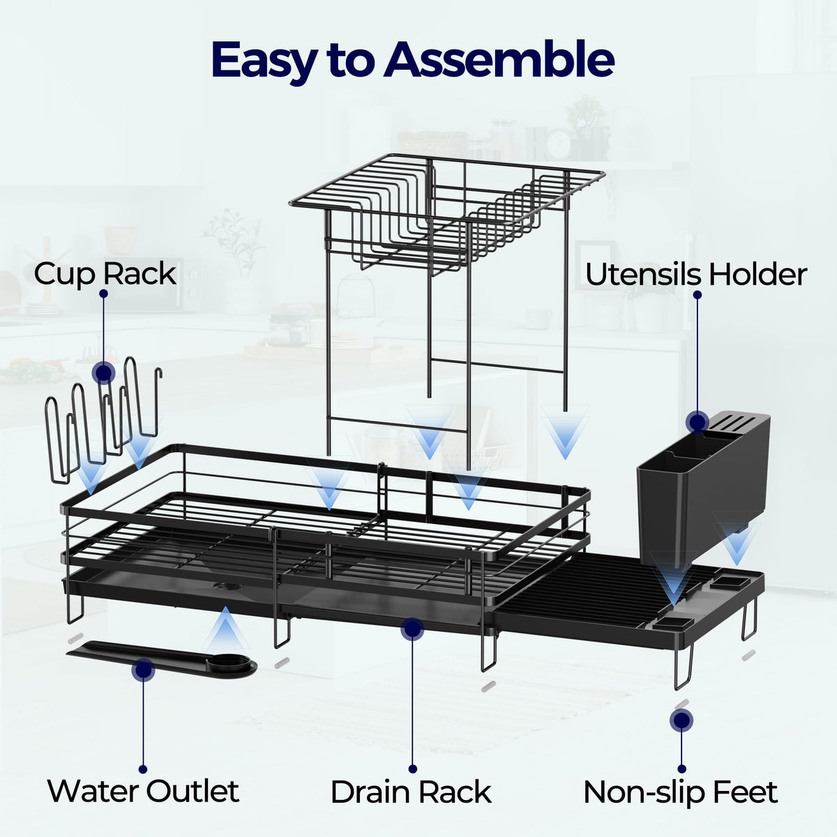 Large Dish Drying Rack, Expandable Dish Rack for Kitchen Counter, Upgraded Dish Drainer with Drainboard Set, Multifunctional Dishrack with Utensil Holder & Cup Holder, 13.4"-28.7" L x 11.8" W (2-Tier)