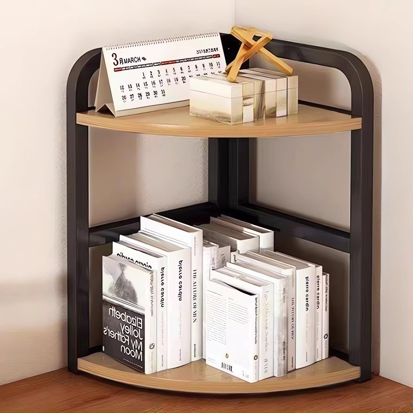 Hbluefat Desktop Corner Organizer Shelf, Desk Wood Storage Bookshelff, Mini Countertop Bookcase, Multi-Unit Counter Stand Rack for for Small Spaces, Home Office, Kitchen, Bathroom (Wood+Black)