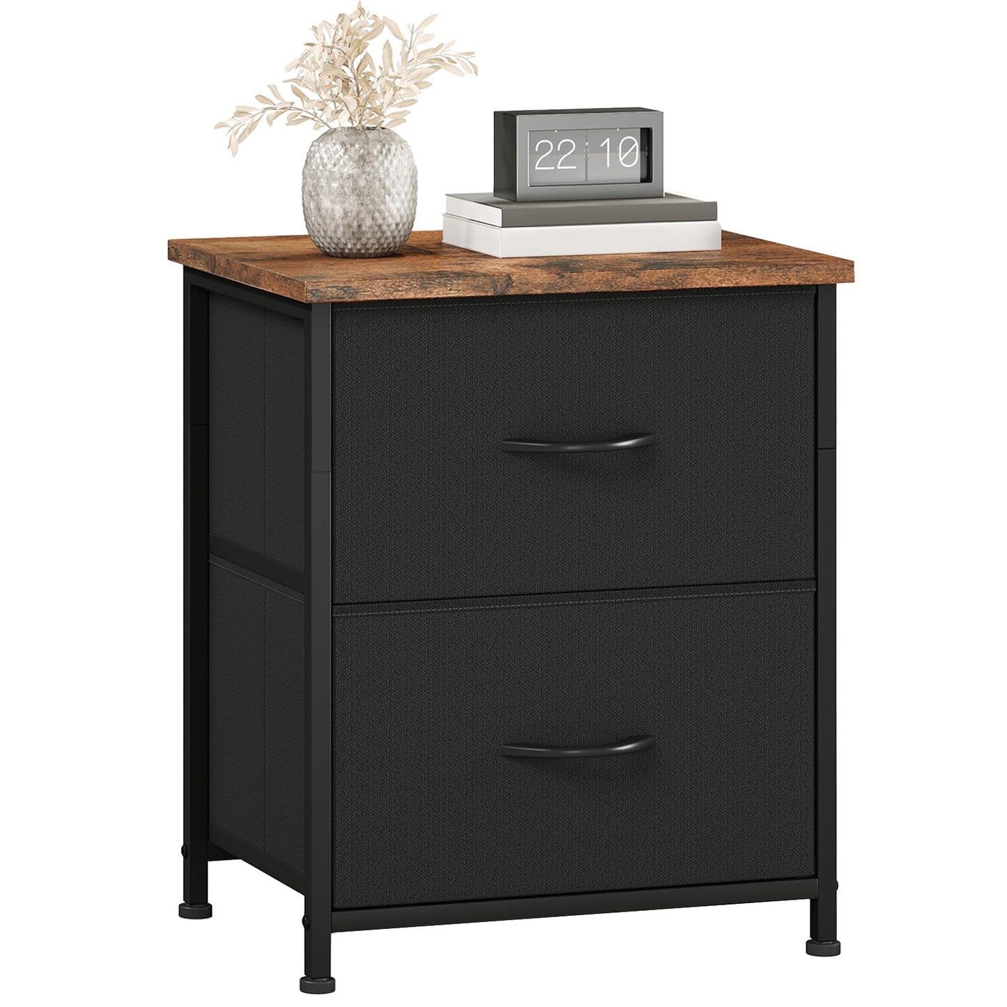 Somdot Nightstand with 2 Drawers, Small Bedside Table with Removable Fabric Bins for Bedroom, Nursery & Living Room - Sturdy Steel Frame, Wood Top, Black Rustic Brown