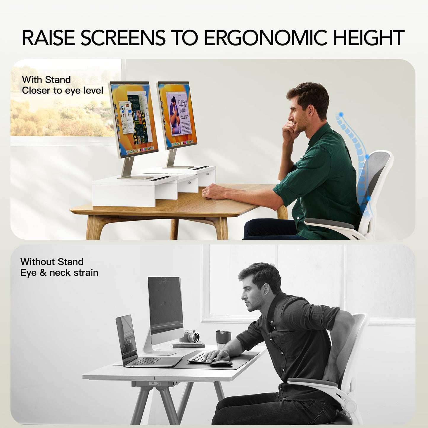 AMERIERGO Dual Monitor Stand -Adjustable Length and Angle, Computer Monitor Stand w/2 Slot, Desktop Organizer, Dual Monitor Stand Riser for PC, Computer, Laptop, White