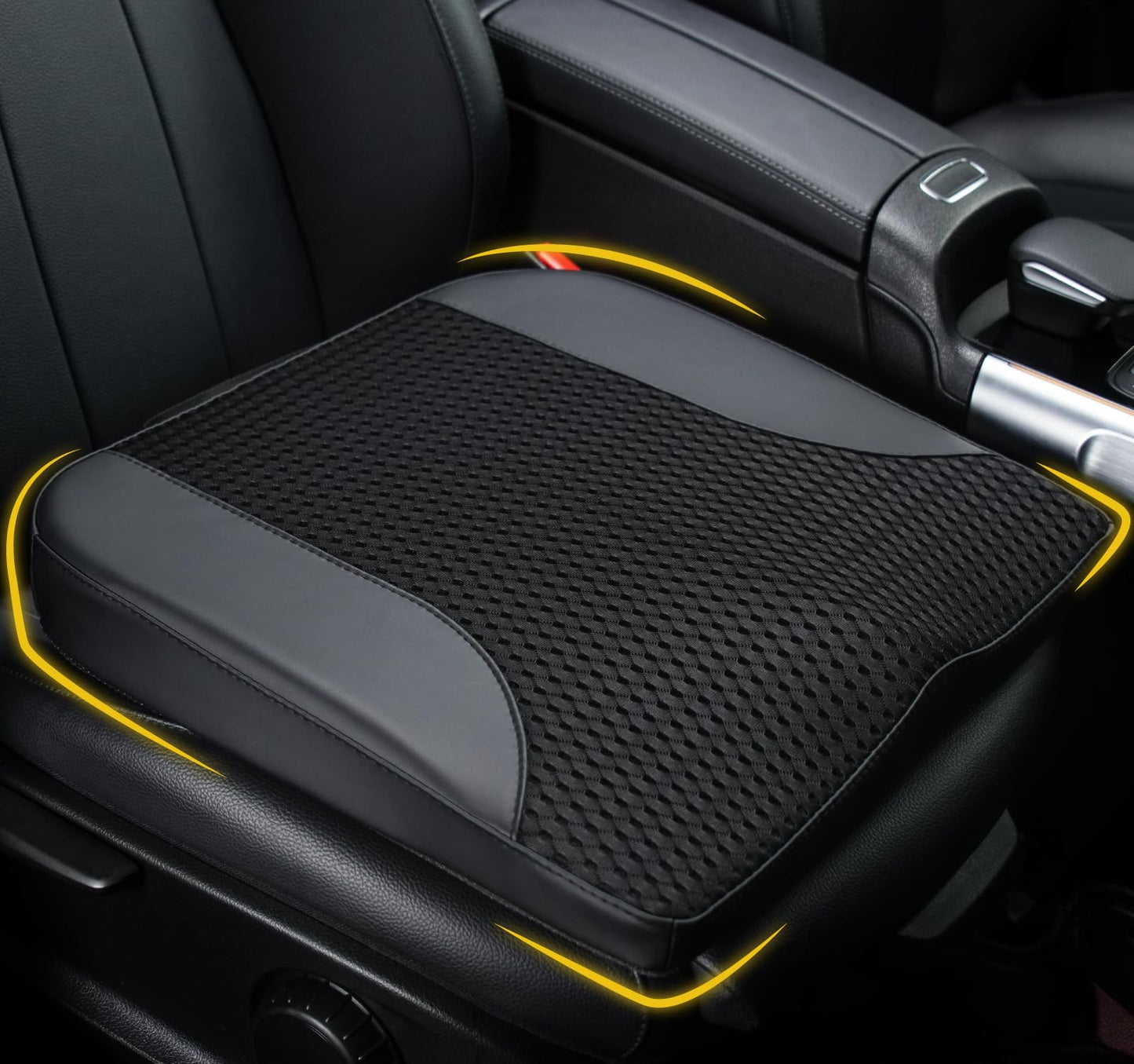 Car Seat Cushion: Comfortable Memory Foam Car Seat Cushion for Driving - for Sciatica-Tailobone Pain Relief - Seat Cushion for Car-Truck, Office, Wheelchair - Black Leather & 4D Mesh