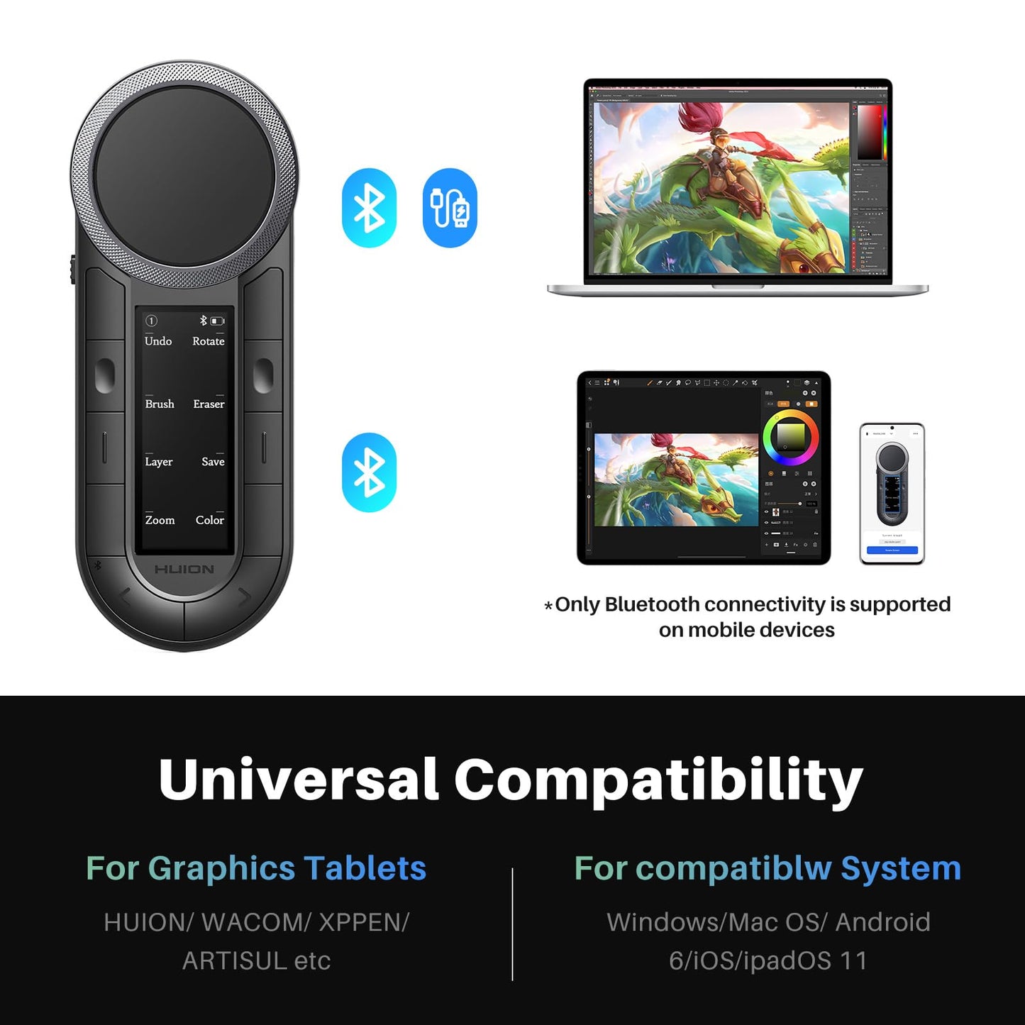 HUION Keydial Remote Bluetooth Programmable Keypad with Dual Dials 60 Customized Keys, OLED Display Macro Keypad Work with PC, Mac, Mobile, One-Hand Shortcut Keyboard for Drawing Tablet, Laptops