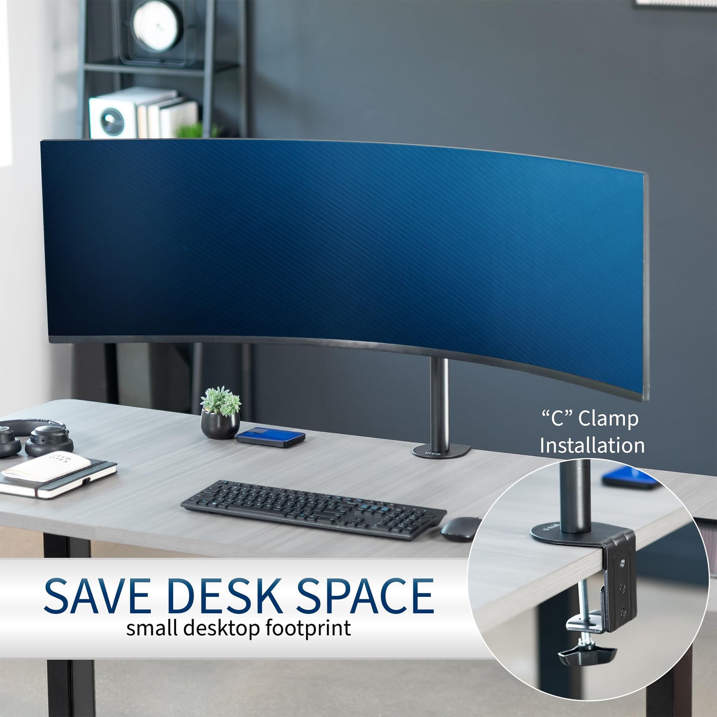 VIVO Clamp-on Single Ultra Wide Monitor Desk Mount, Low Profile Heavy Duty Adjustable Stand for 1 Ultrawide Screen up to 49 inches, 20kg Capacity, Black, STAND-V100C