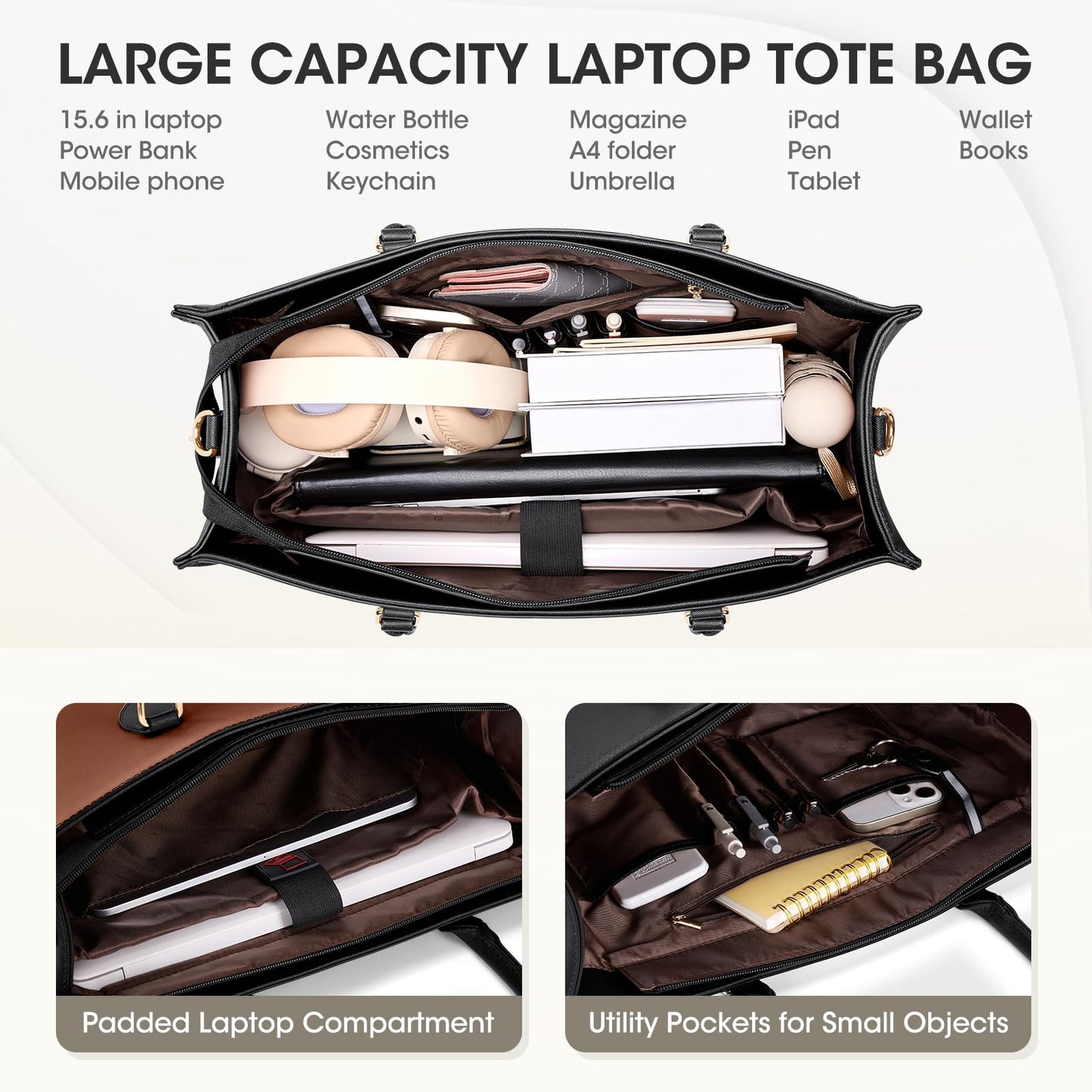Laptop Bag for Women 15.6 inch Work Tote Bag PU Leather Waterproof Computer Briefcase Shoulder Bag for Business Office
