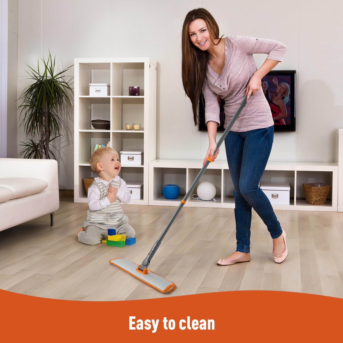 CLEANHOME Microfiber Mop Floor Dust Mop with Extendable Long Handle, Flat Mop with 4 Reusable Pads and 1 Dirt Removal Scrubber, Suitable for Home Kitchen Bathroom Living Room Cleaning