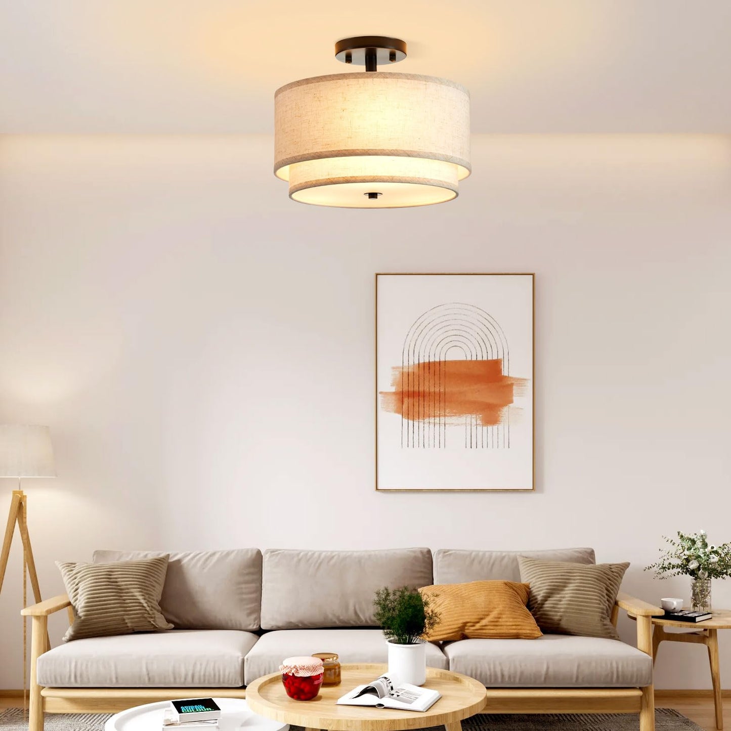 Ceiling Light,2-Layer Drum Shaped Light Fixture Ceiling,3 Light Semi Flush Mount Ceiling Light, 12.6“ Modern Fabric Ceiling Light Fixtures,Ideal Bedroom Light Fixtures Ceiling,Living Room,Kitchen