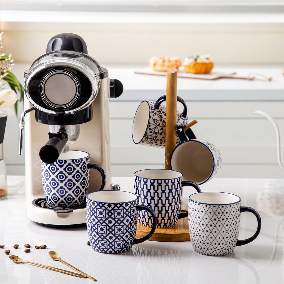 Cerkik Ceramic Coffee Mugs Set - 10 Oz Large Porcelain Tea Cups with Handle for Cappuccino Latte Cocoa Milk - Christmas Housewarming Gift - Microwave Dishwasher Safe - Set of 6 - Vintage Blue