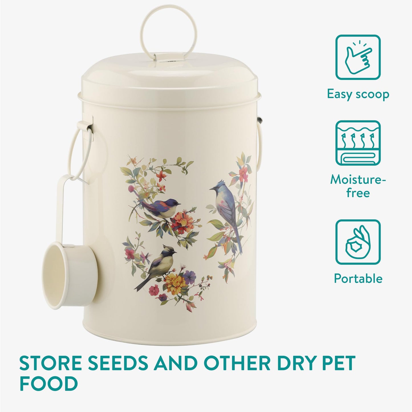 Navaris Bird Seed Storage Container - Metal Pet Food Box with Lid & Handles - Includes Handy Scoop - Outdoor Containers for Birdseed, Chicken Feed, & More - Cream with Bird Design