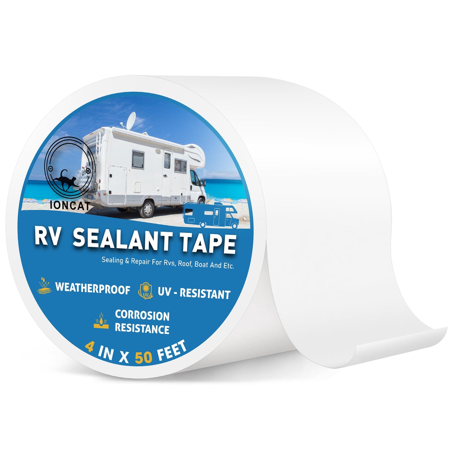 IONCAT RV Roof Sealant Tape, 4 Inch X 50 Feet RV Repair Tape for Camper Trailer Boat Seam Leaks Roof Repair, UV Resistant & Weatherproof RV Seal Tape, RV Roofing Tape Waterproof, White