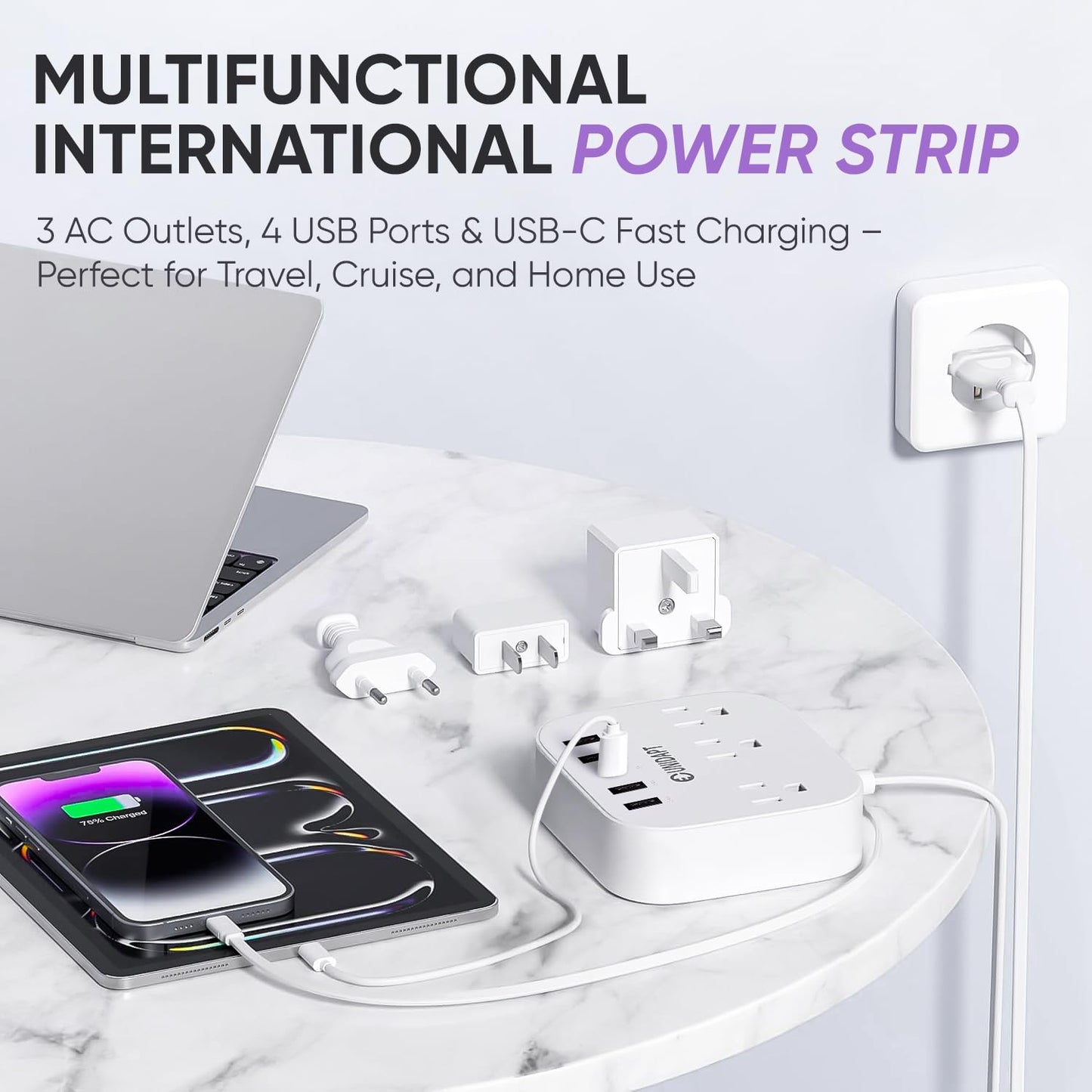 Unidapt European Plug Adapter, Unidapt US to UK Europe Power Strip for EU/UK/US with USB C and 4 USB Ports, 3 AC Outlets, Wall Mountable, 5ft Cord, for Travel Cruise Ship Home (WSS-603)