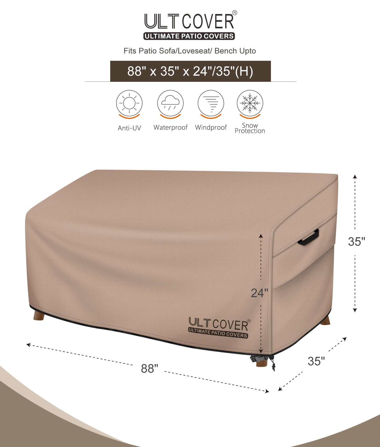 ULTCOVER Patio Furniture Sofa Cover 88W x 35D x 35H inch Waterproof Outdoor 3-Seater Couch Cover